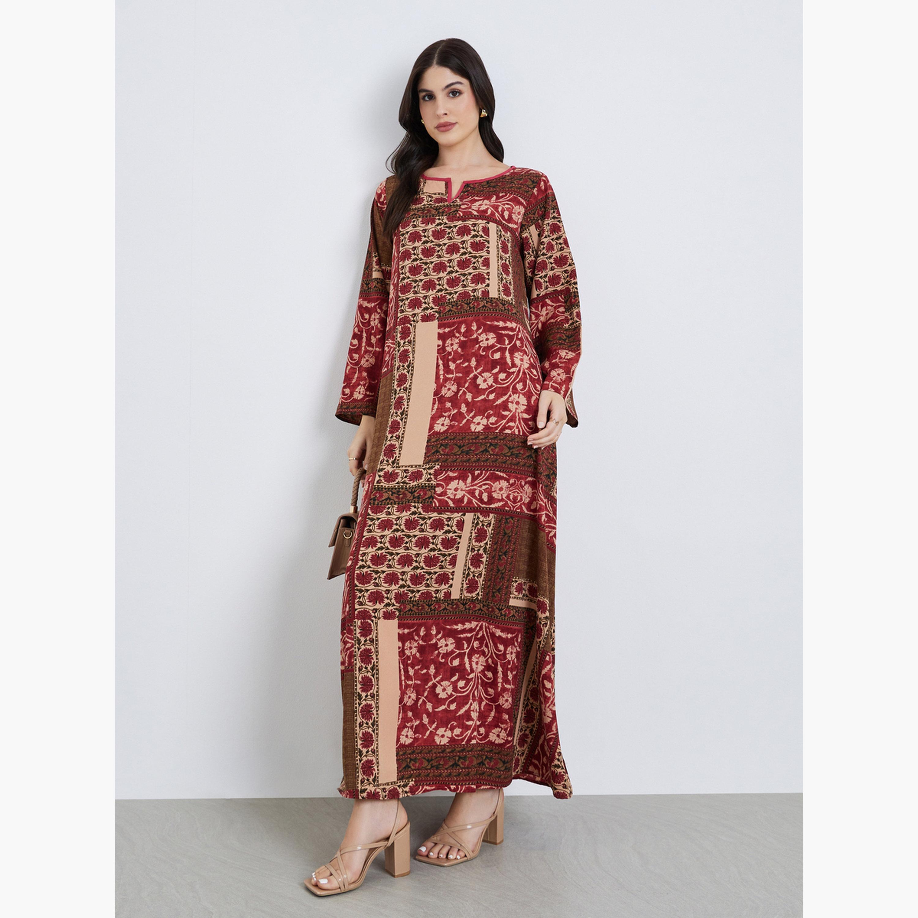 Styli Women Floral Print Notch Neck A-Line Jalabiya-women-arabicclothing-jalabiyas-image-1
