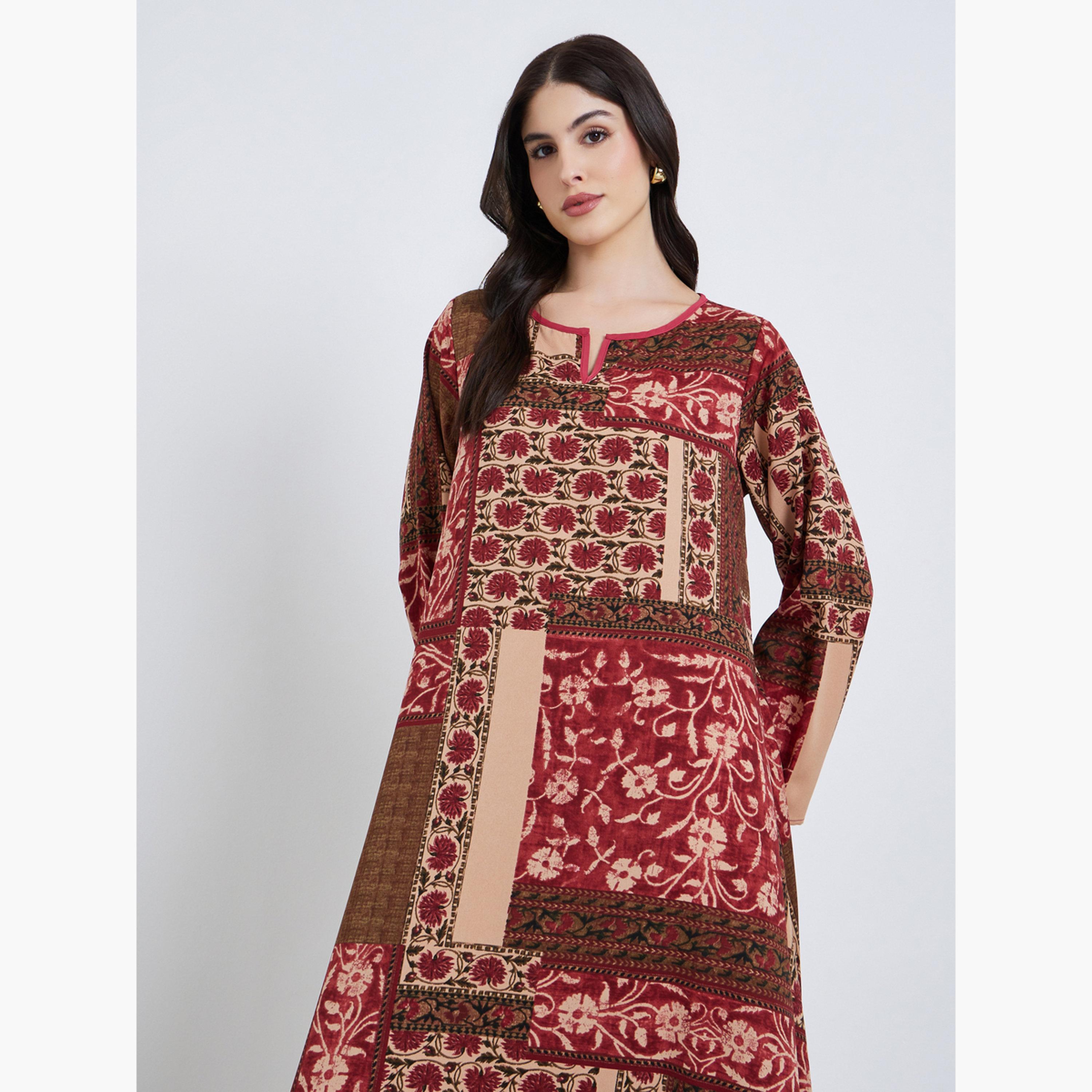 Styli Women Floral Print Notch Neck A-Line Jalabiya-women-arabicclothing-jalabiyas-image-2