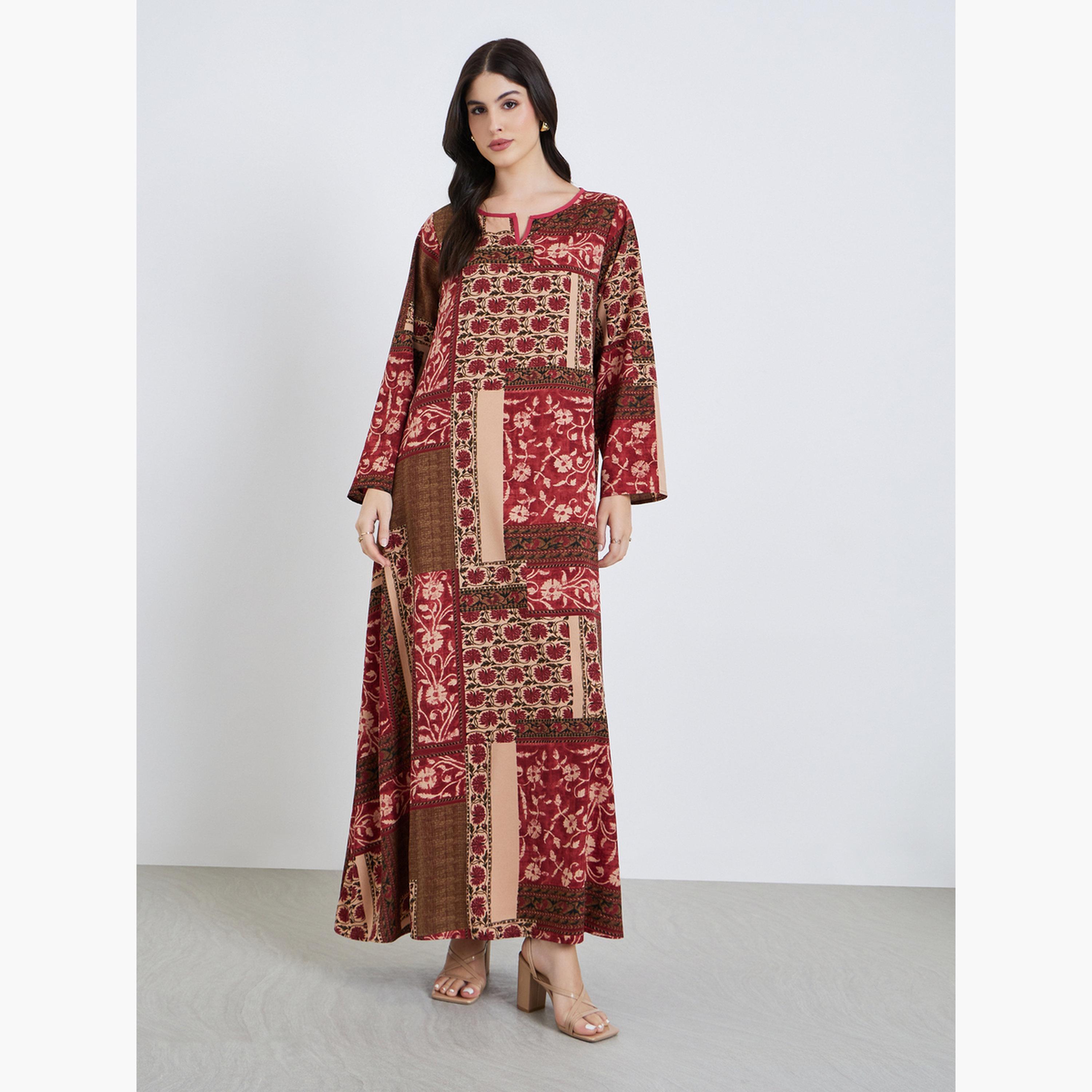 Styli Women Floral Print Notch Neck A-Line Jalabiya-women-arabicclothing-jalabiyas-image-3