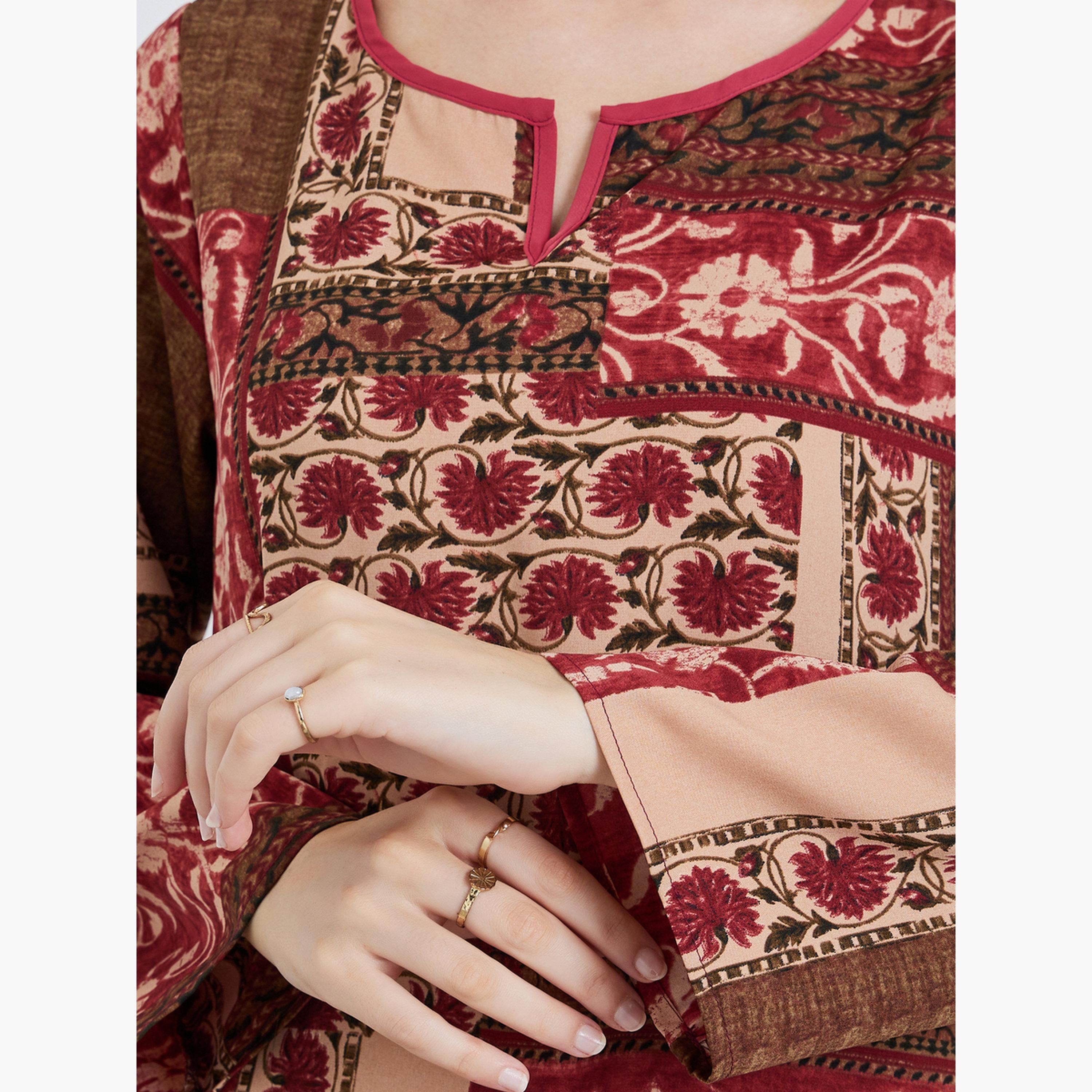 Styli Women Floral Print Notch Neck A-Line Jalabiya-women-arabicclothing-jalabiyas-image-4