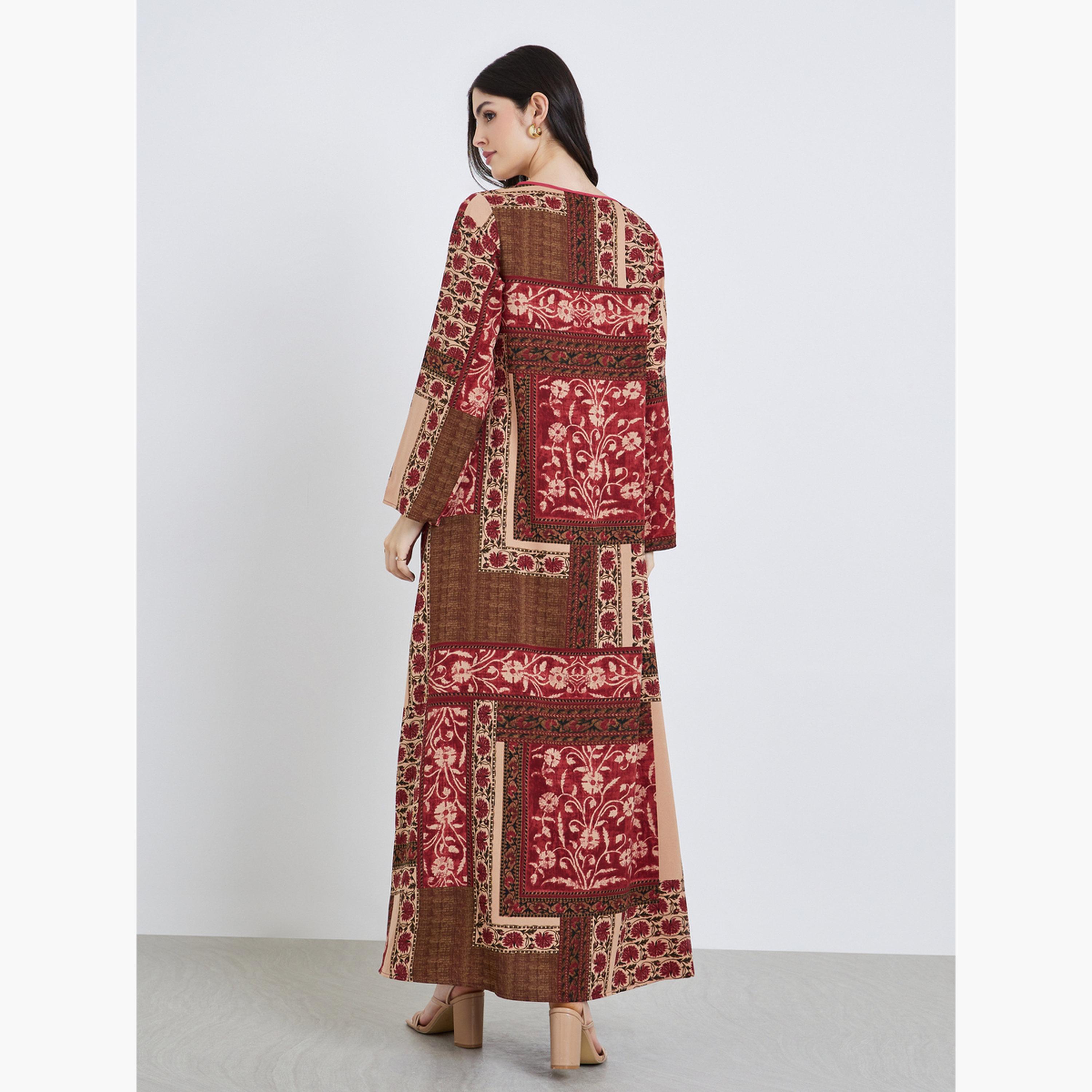 Styli Women Floral Print Notch Neck A-Line Jalabiya-women-arabicclothing-jalabiyas-image-5