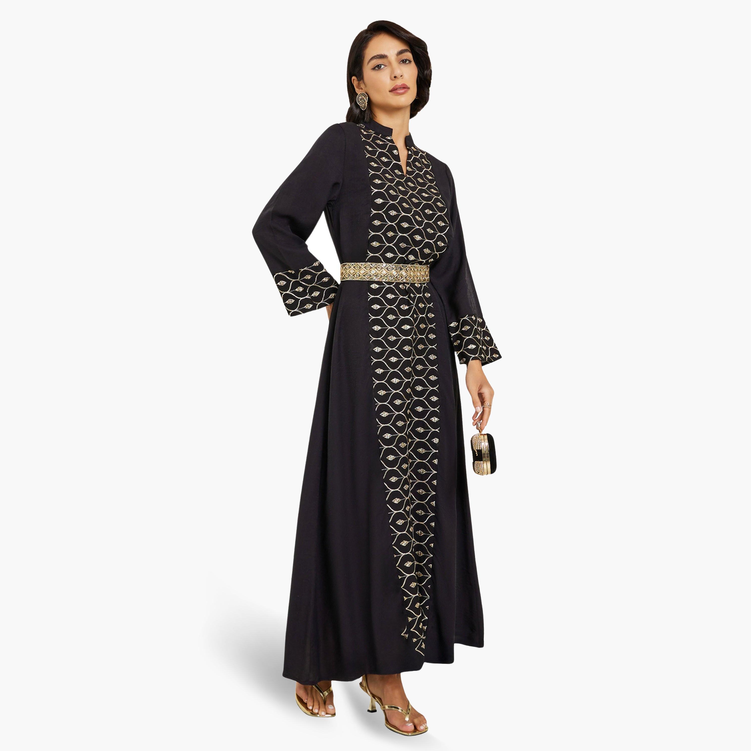 Styli Women Black Embroidered Front Panel Belted Jalabiya-women-arabicclothing-jalabiyas-image-1