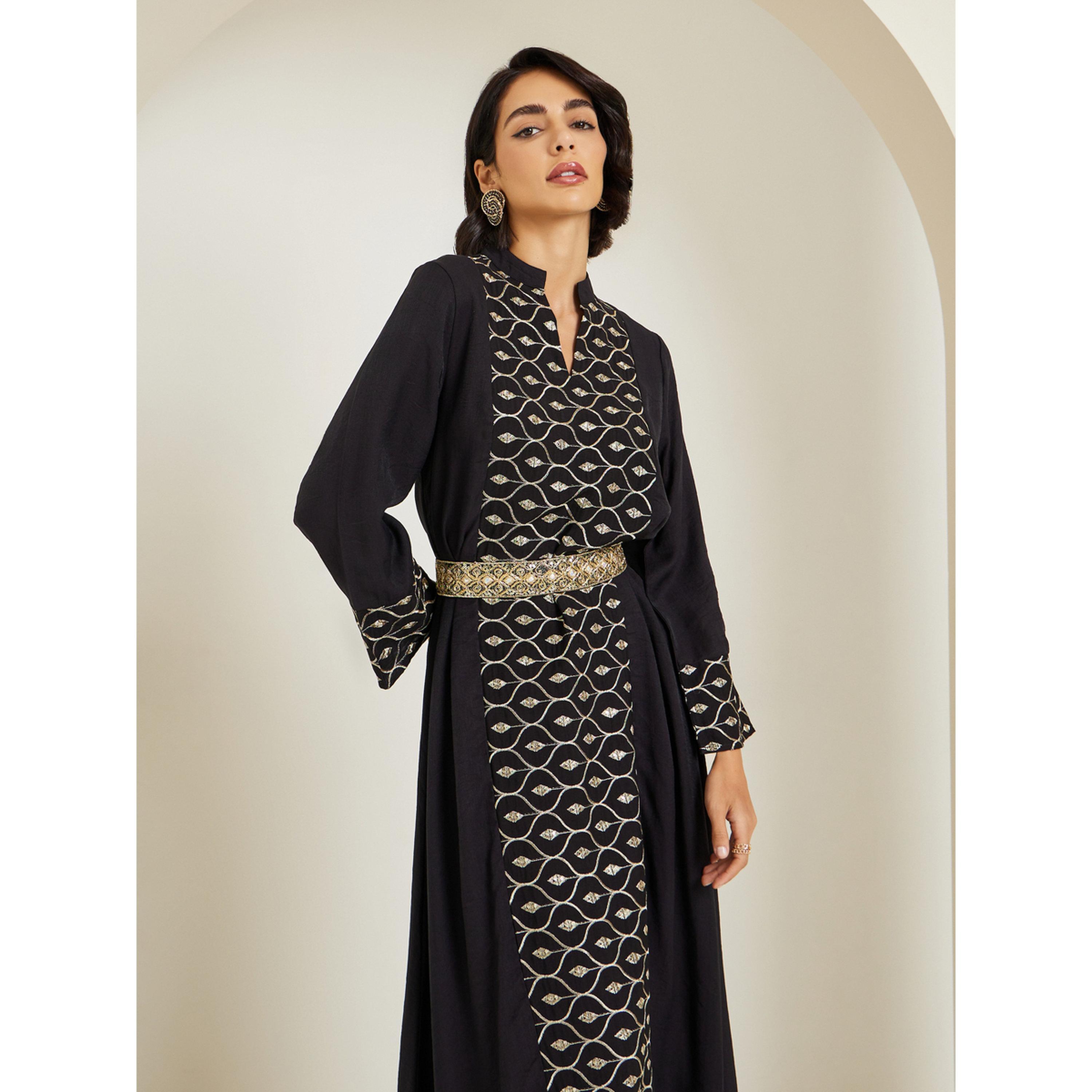 Styli Women Black Embroidered Front Panel Belted Jalabiya-women-arabicclothing-jalabiyas-image-2