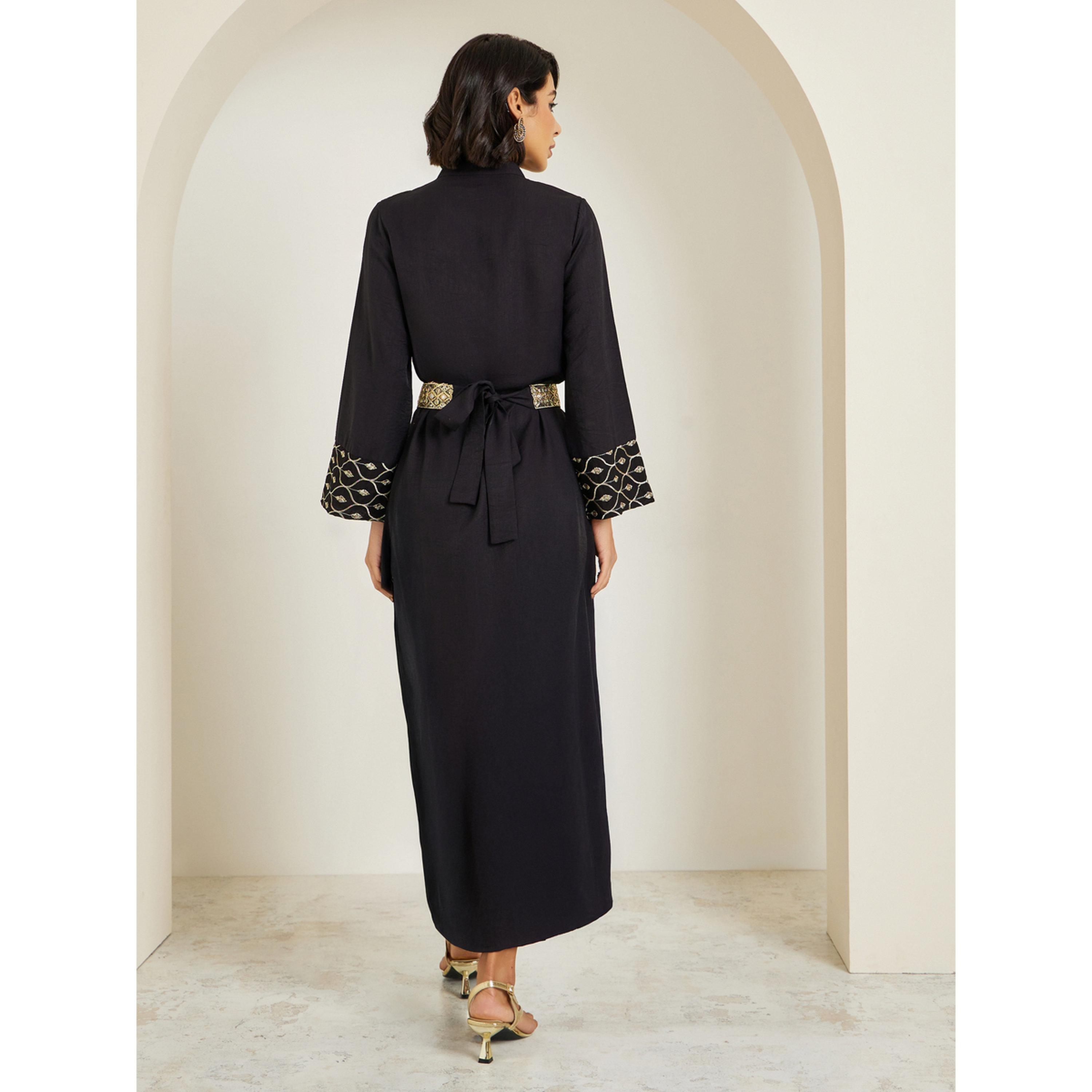 Styli Women Black Embroidered Front Panel Belted Jalabiya-women-arabicclothing-jalabiyas-image-5