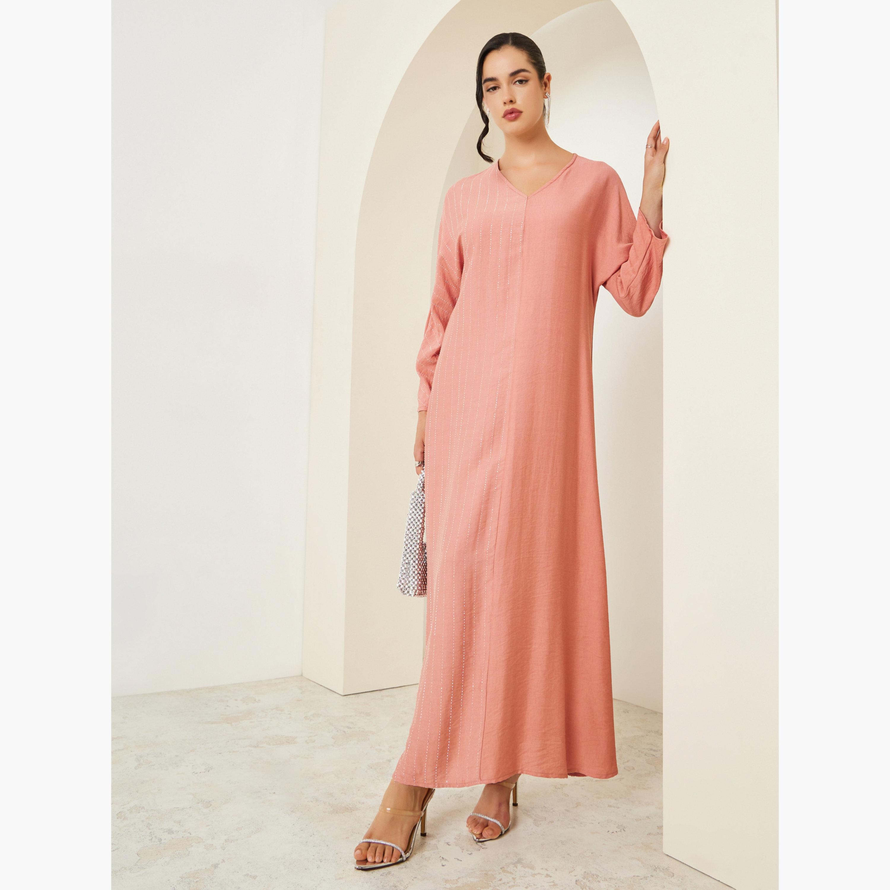 Styli Women Peach Embellished A-Line Jalabiya-women-arabicclothing-jalabiyas-image-3