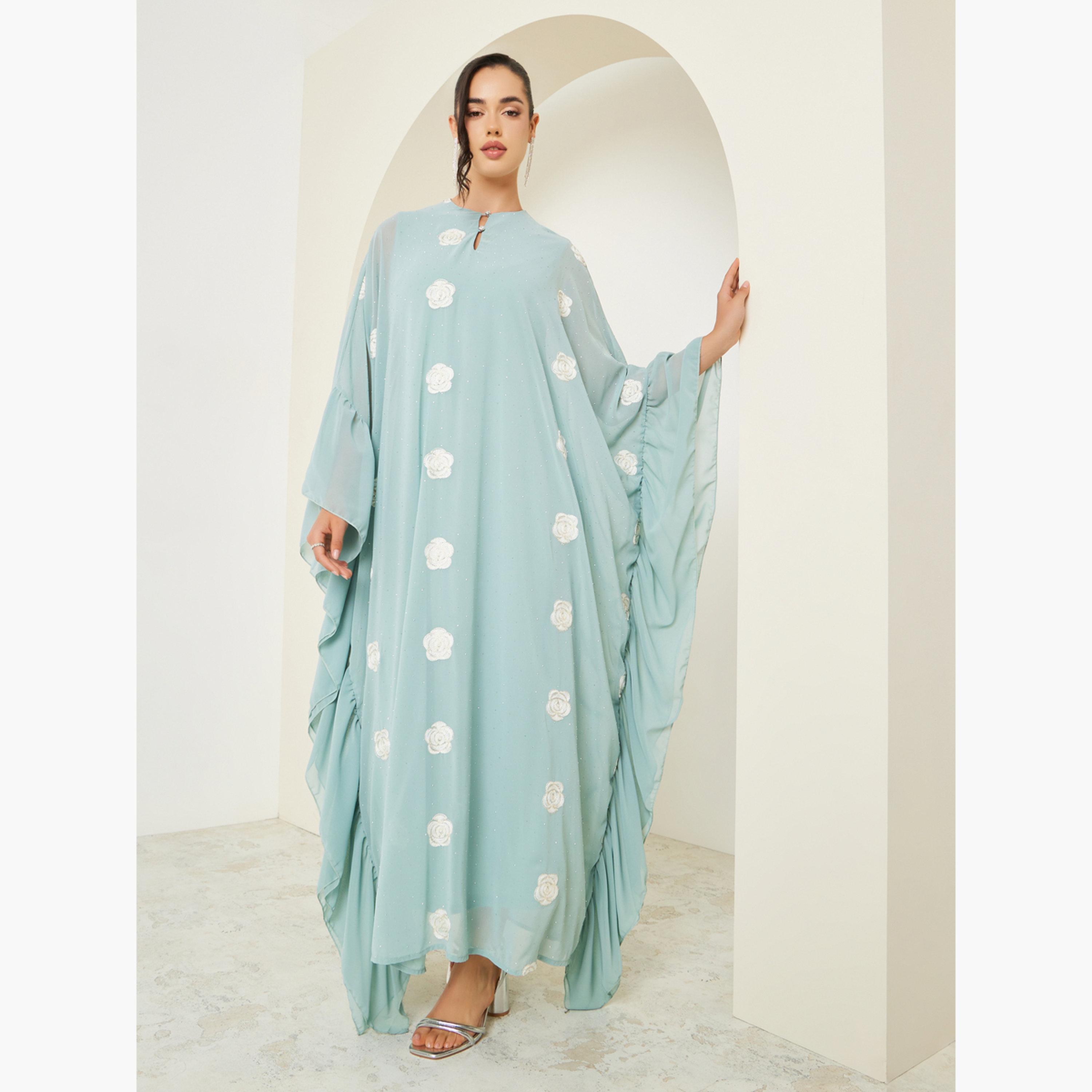 قفطان بطبعة أزهار وتفاصيل مزينة-women-arabicclothing-kaftan-image-1