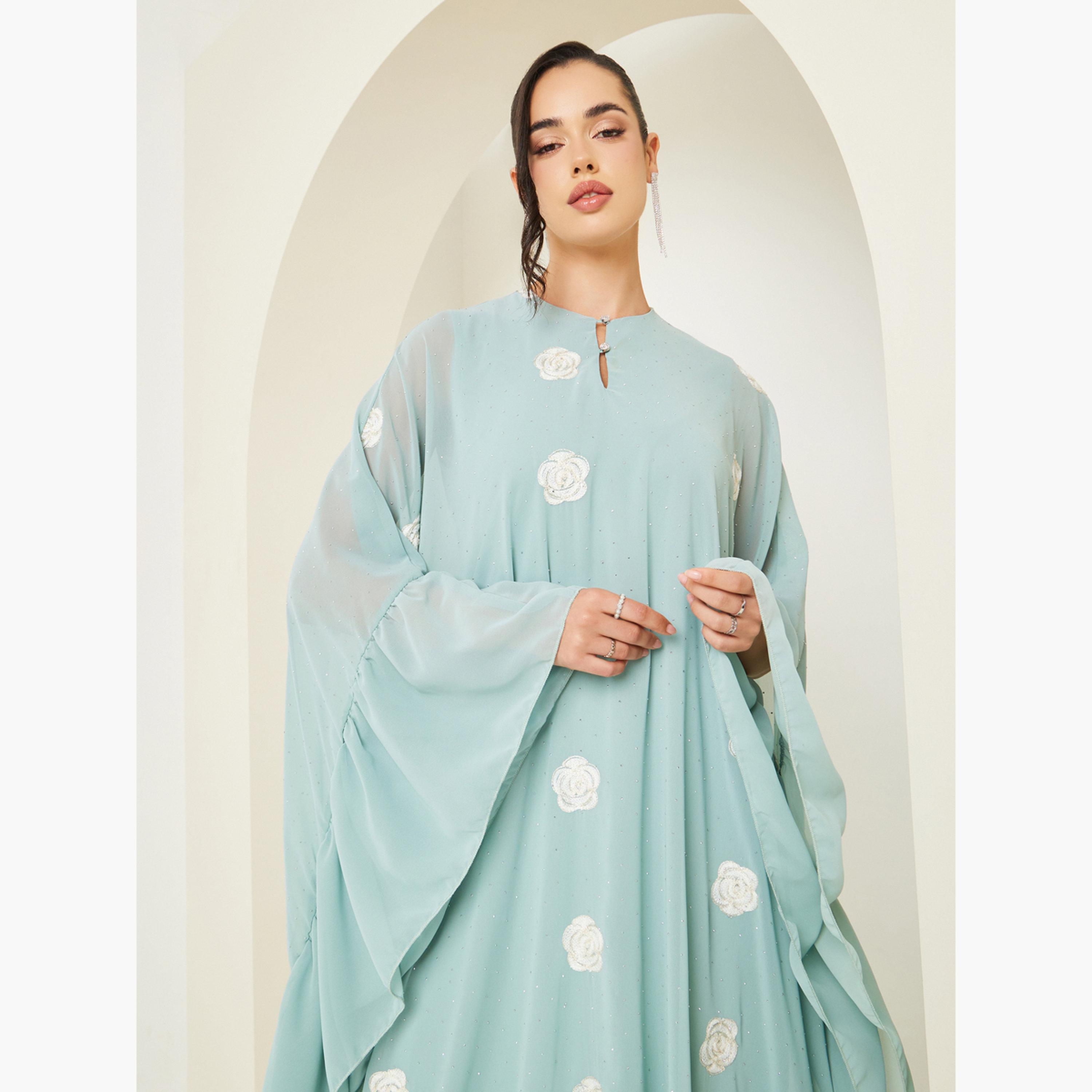 Styli Women Green Embellished Floral Kaftan-women-arabicclothing-kaftan-image-2