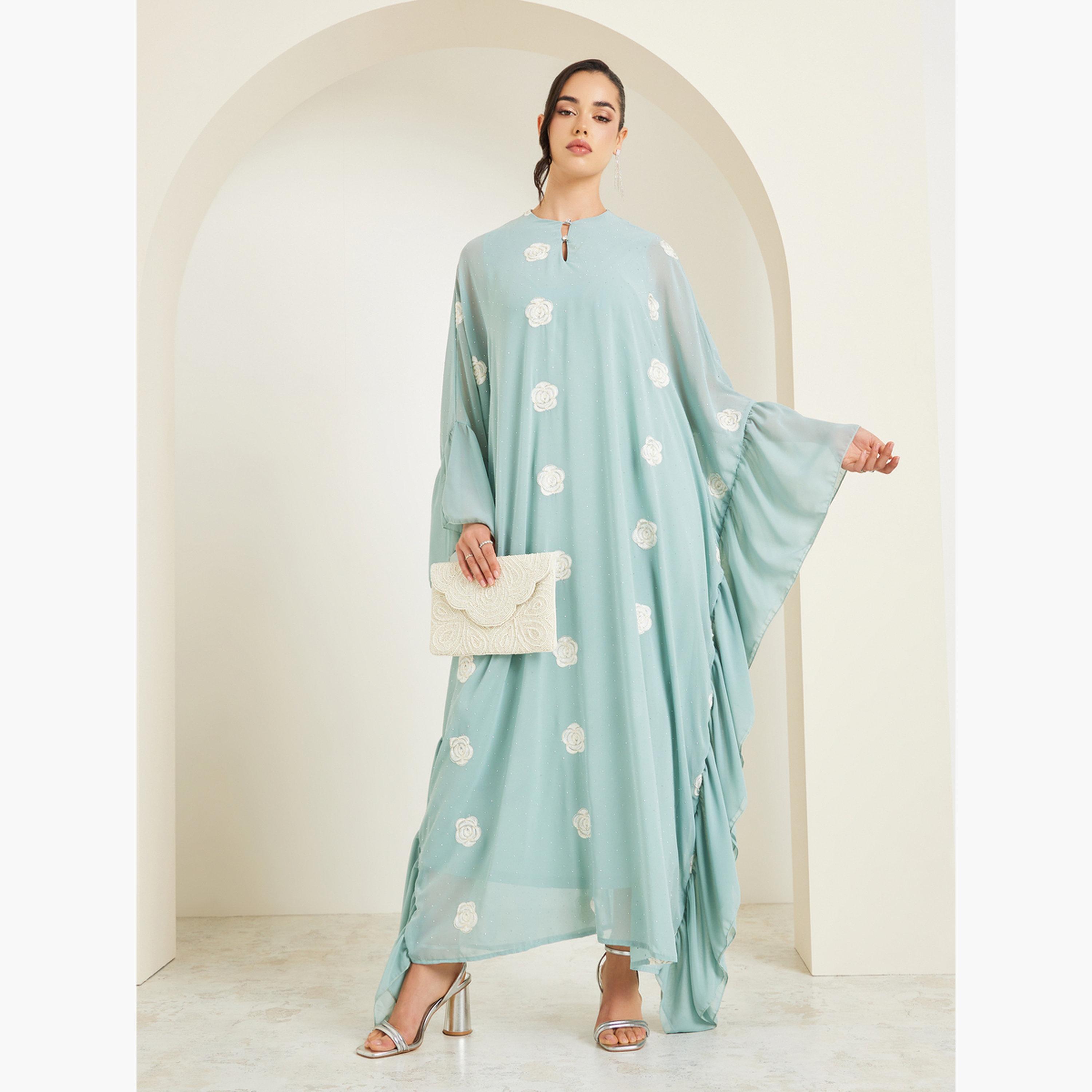 Styli Women Green Embellished Floral Kaftan-women-arabicclothing-kaftan-image-3