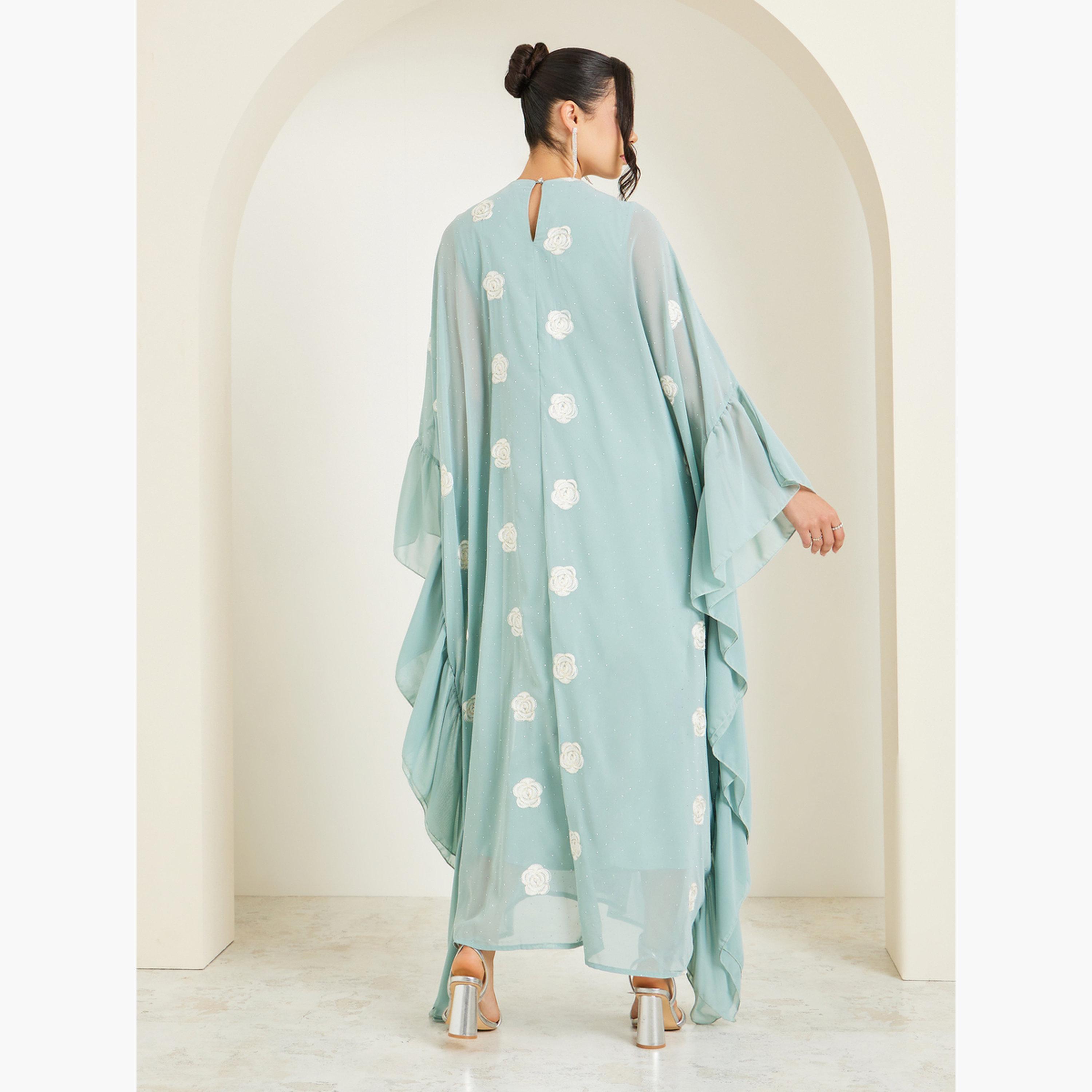 Styli Women Green Embellished Floral Kaftan-women-arabicclothing-kaftan-image-5