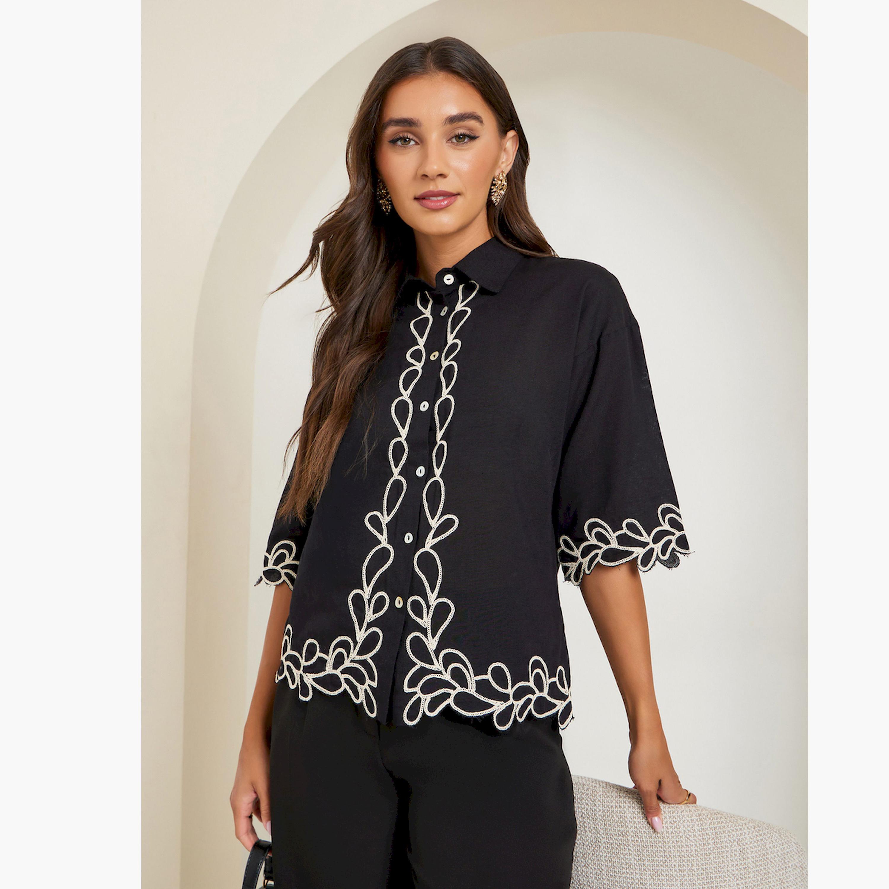 Styli Women Black Embroidered Short Sleeve Shirt-women-clothing-shirtsandblouses-shirts-image-1