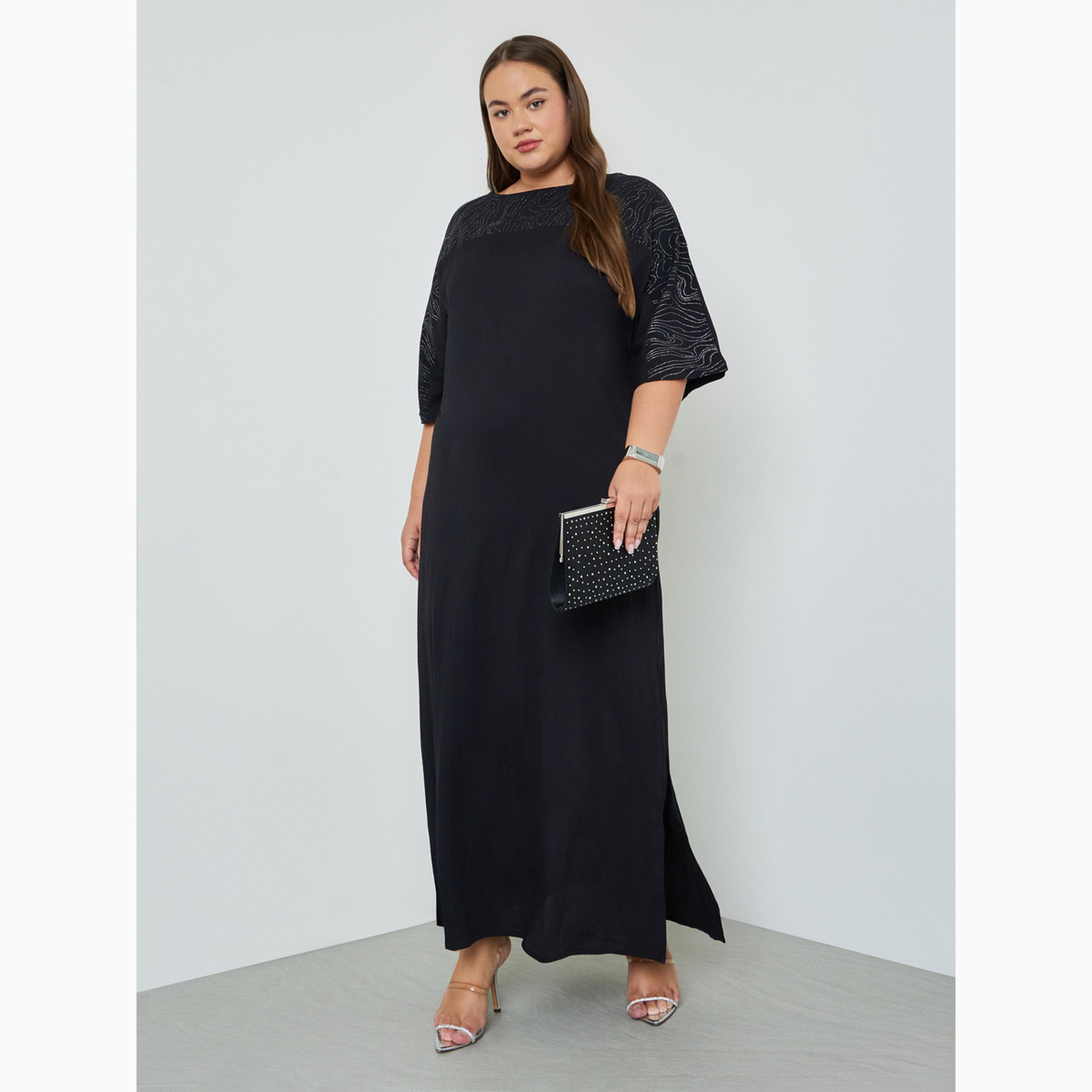 جلابية بأكمام قصيرة وقصة صدر براقة بمقاس كبير-women-arabicclothing-jalabiyas-image-1