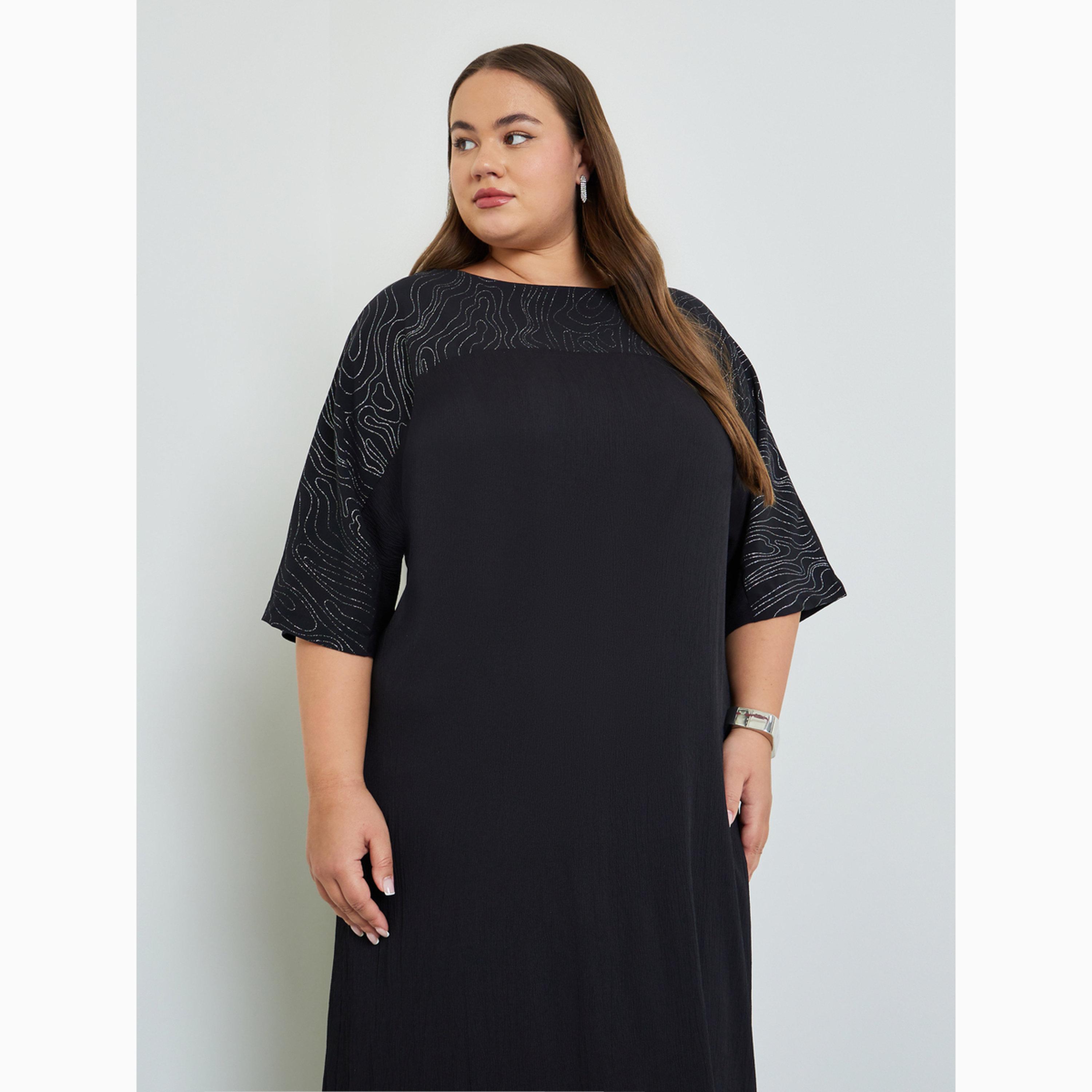 جلابية بأكمام قصيرة وقصة صدر براقة بمقاس كبير-women-arabicclothing-jalabiyas-image-2