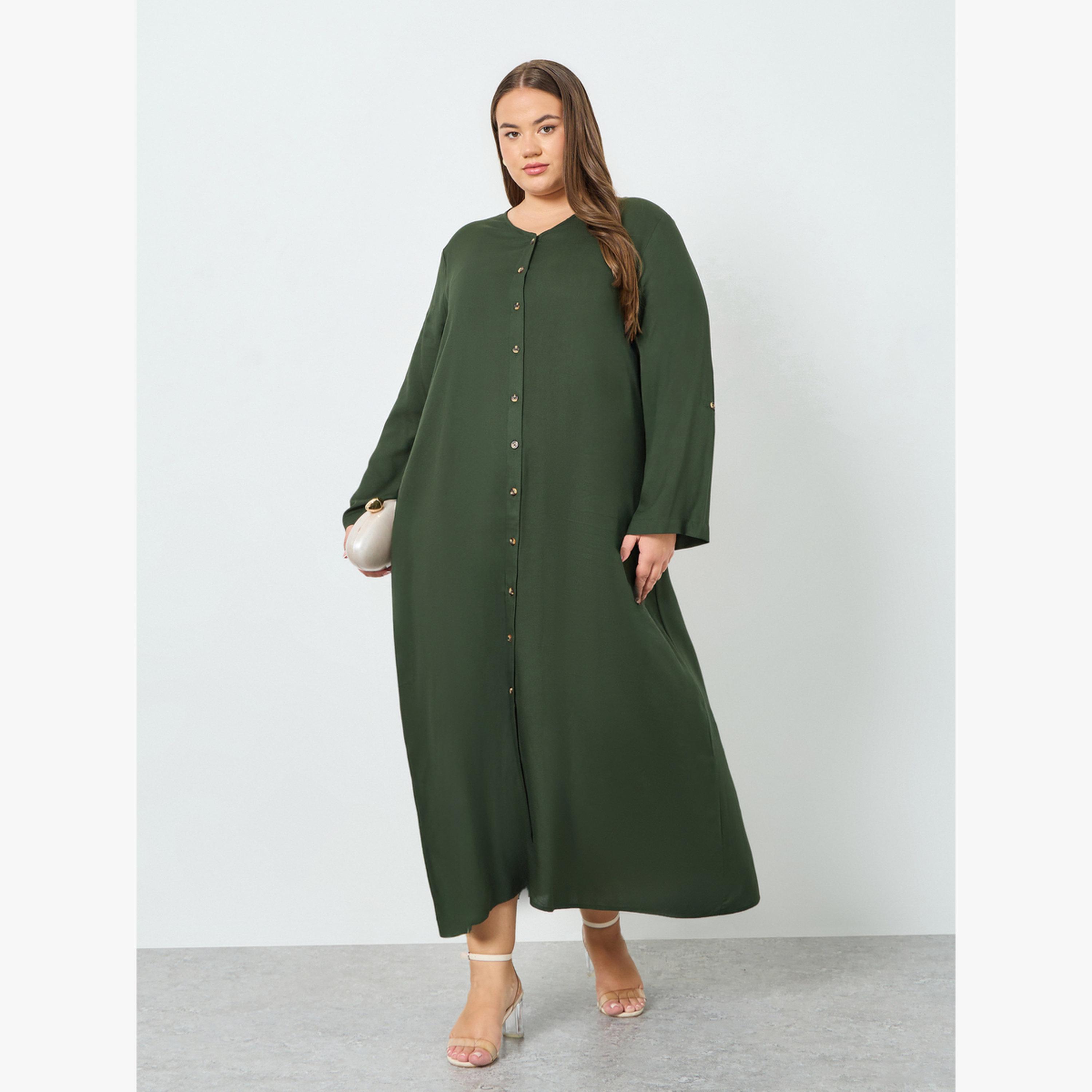 Styli Plus Size Viscose Jalabiya with Roll-Up Sleeves-women-arabicclothing-jalabiyas-image-1