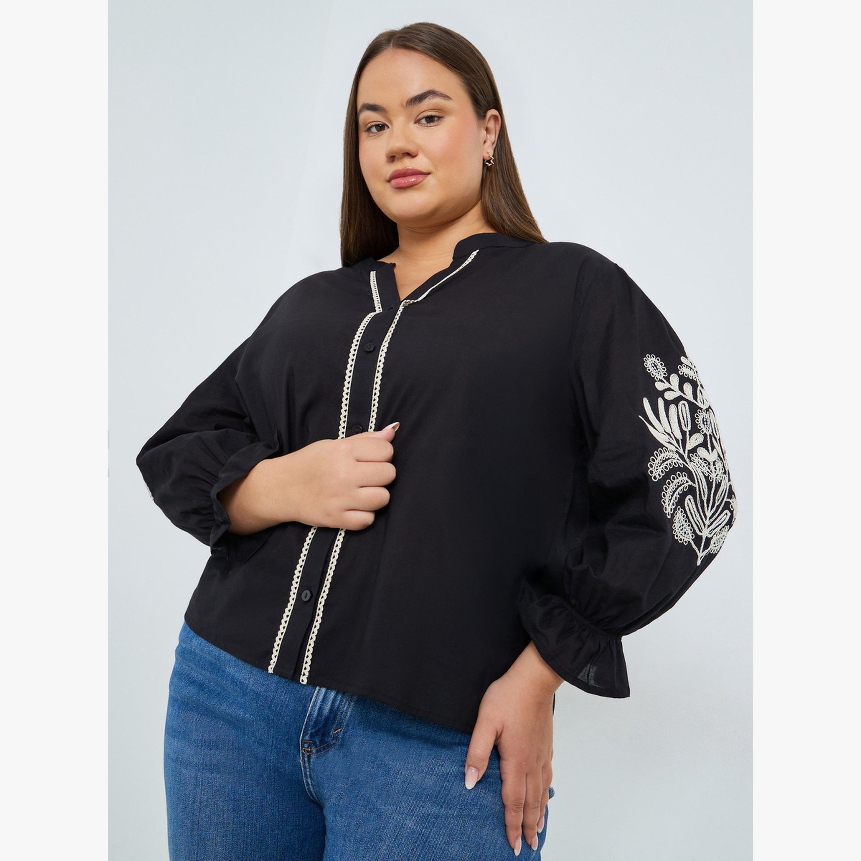 بلوزة مطرزة بأكمام طويلة مقاس كبير أسود-women-clothing-shirtsandblouses-blouses-image-1