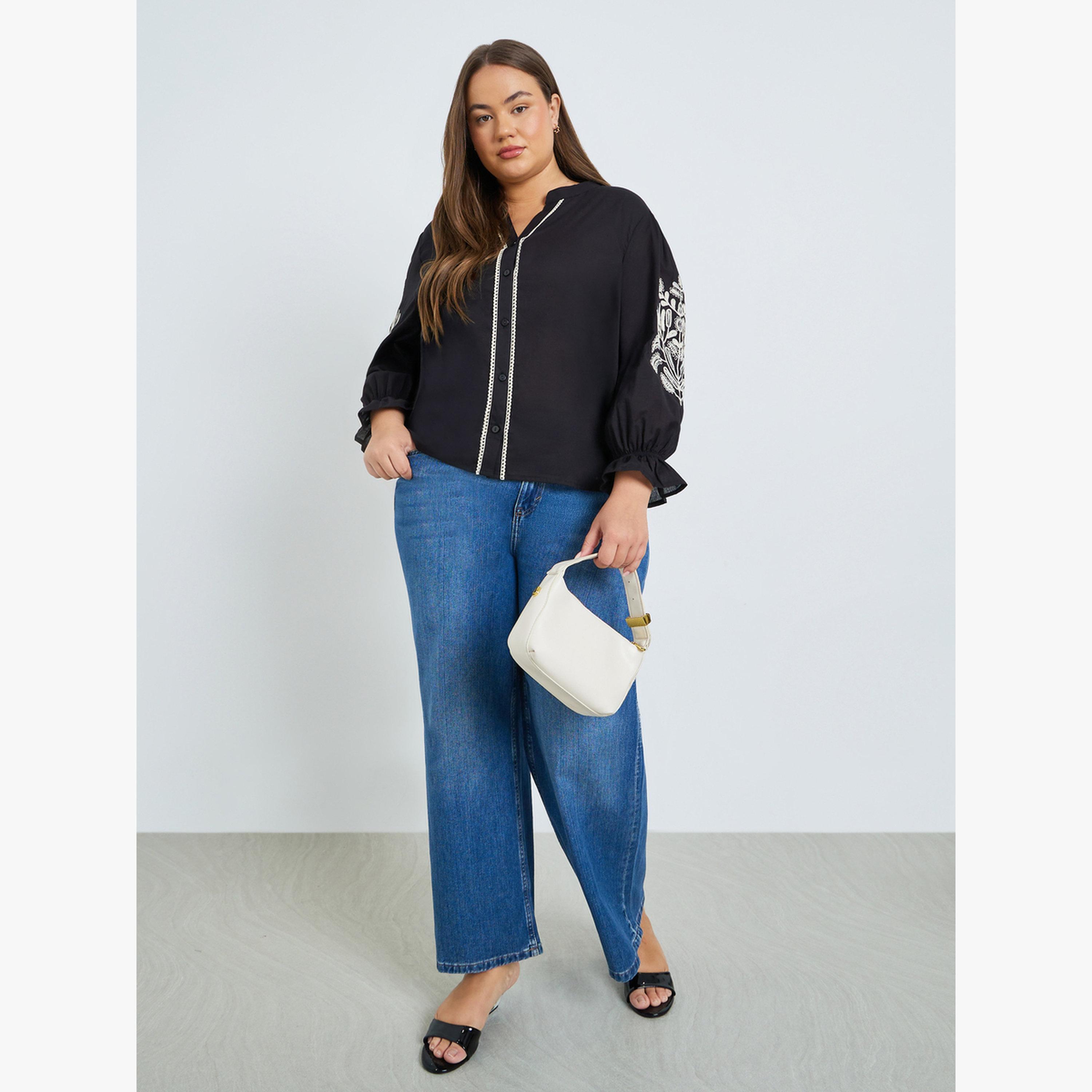 بلوزة مطرزة بأكمام طويلة مقاس كبير أسود-women-clothing-shirtsandblouses-blouses-image-2