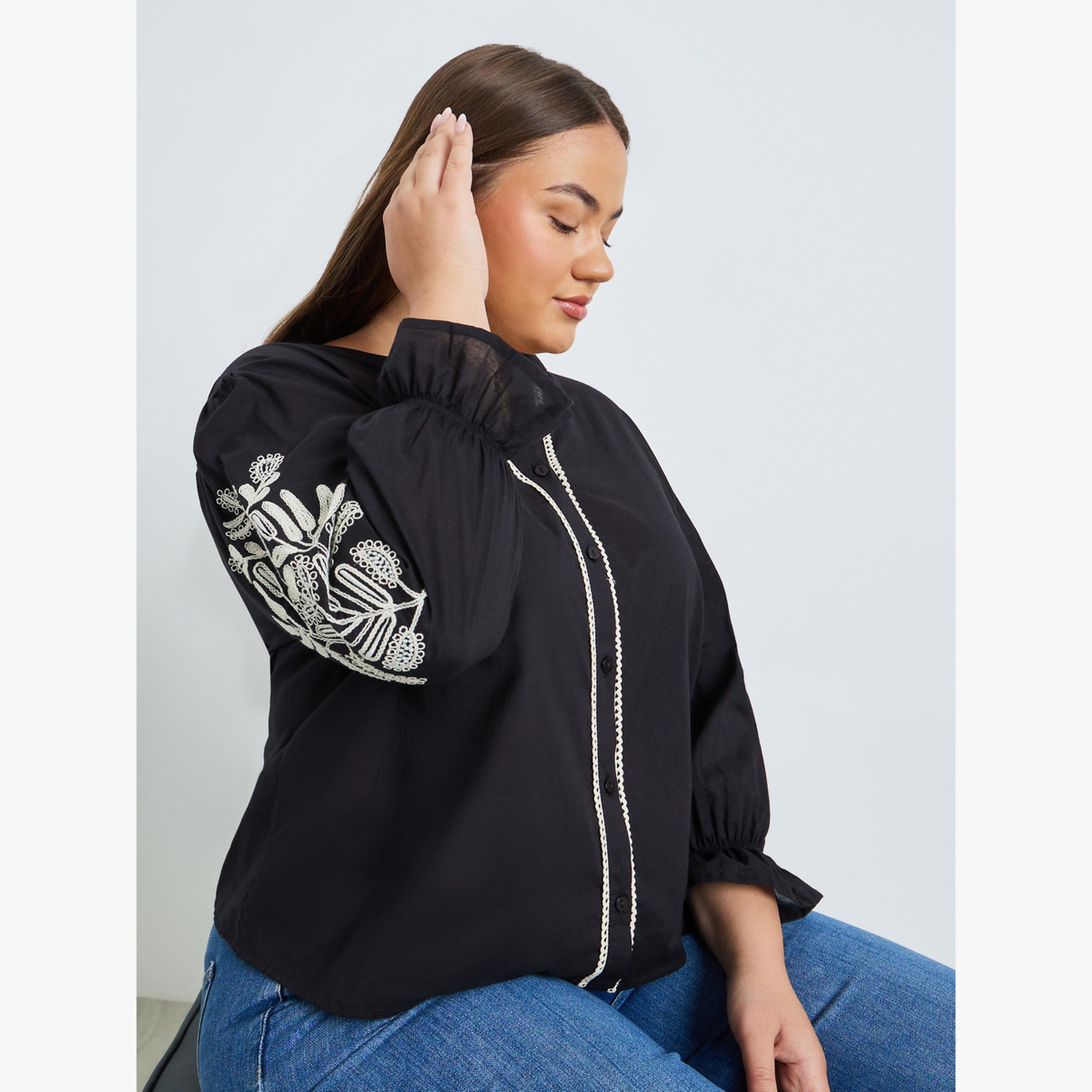 Styli Plus Size Black Embroidered Long Sleeve Shirt-women-clothing-shirtsandblouses-blouses-image-3