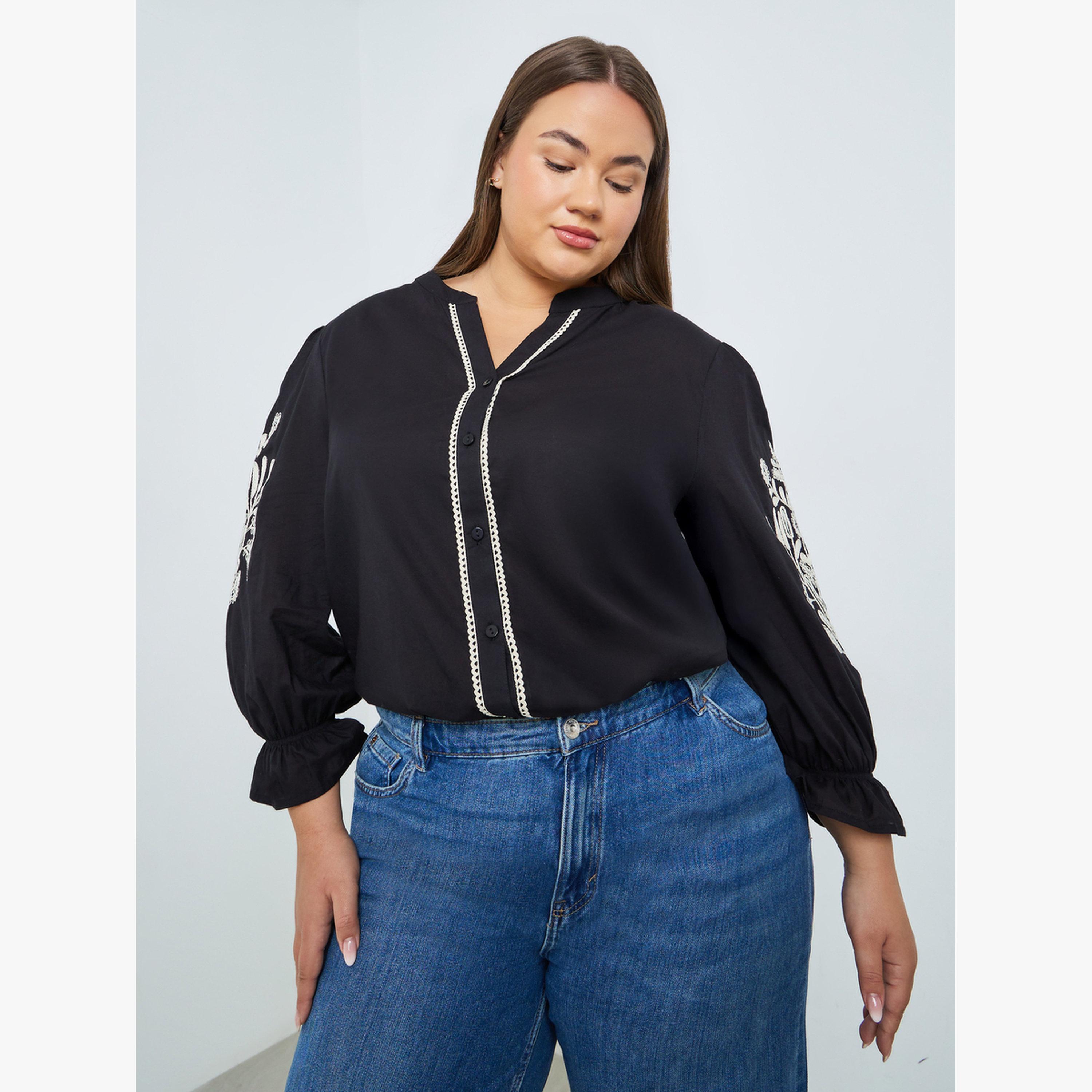 Styli Plus Size Black Embroidered Long Sleeve Shirt-women-clothing-shirtsandblouses-blouses-image-4