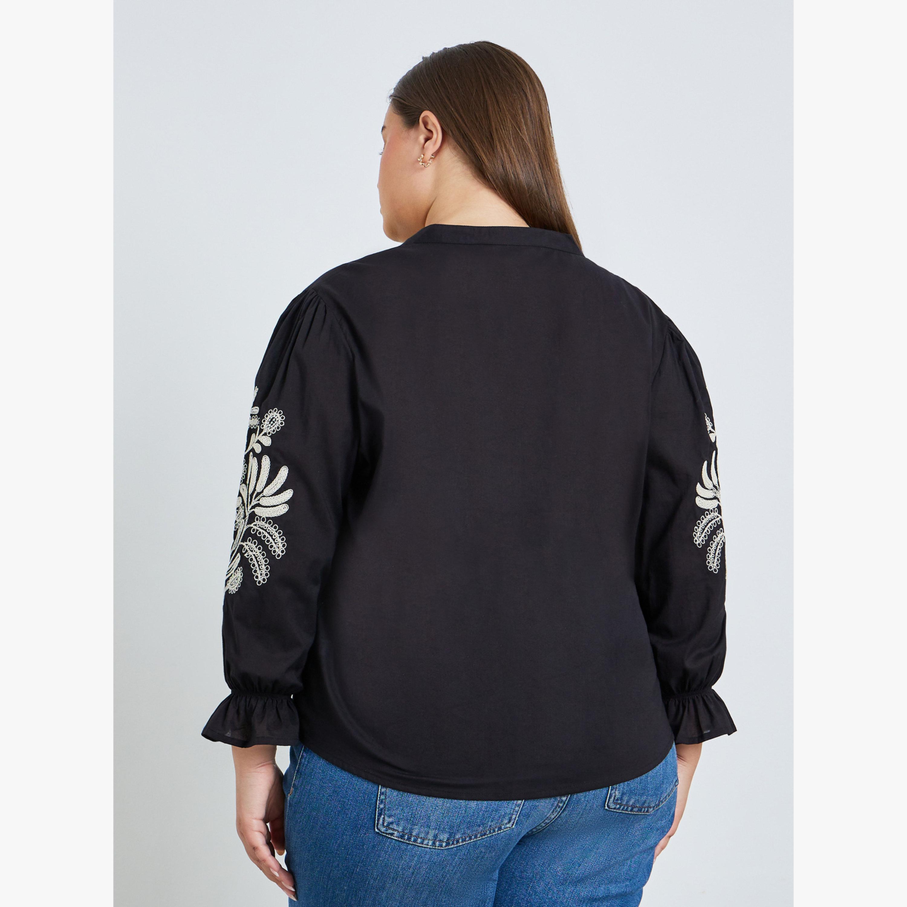 بلوزة مطرزة بأكمام طويلة مقاس كبير أسود-women-clothing-shirtsandblouses-blouses-image-5