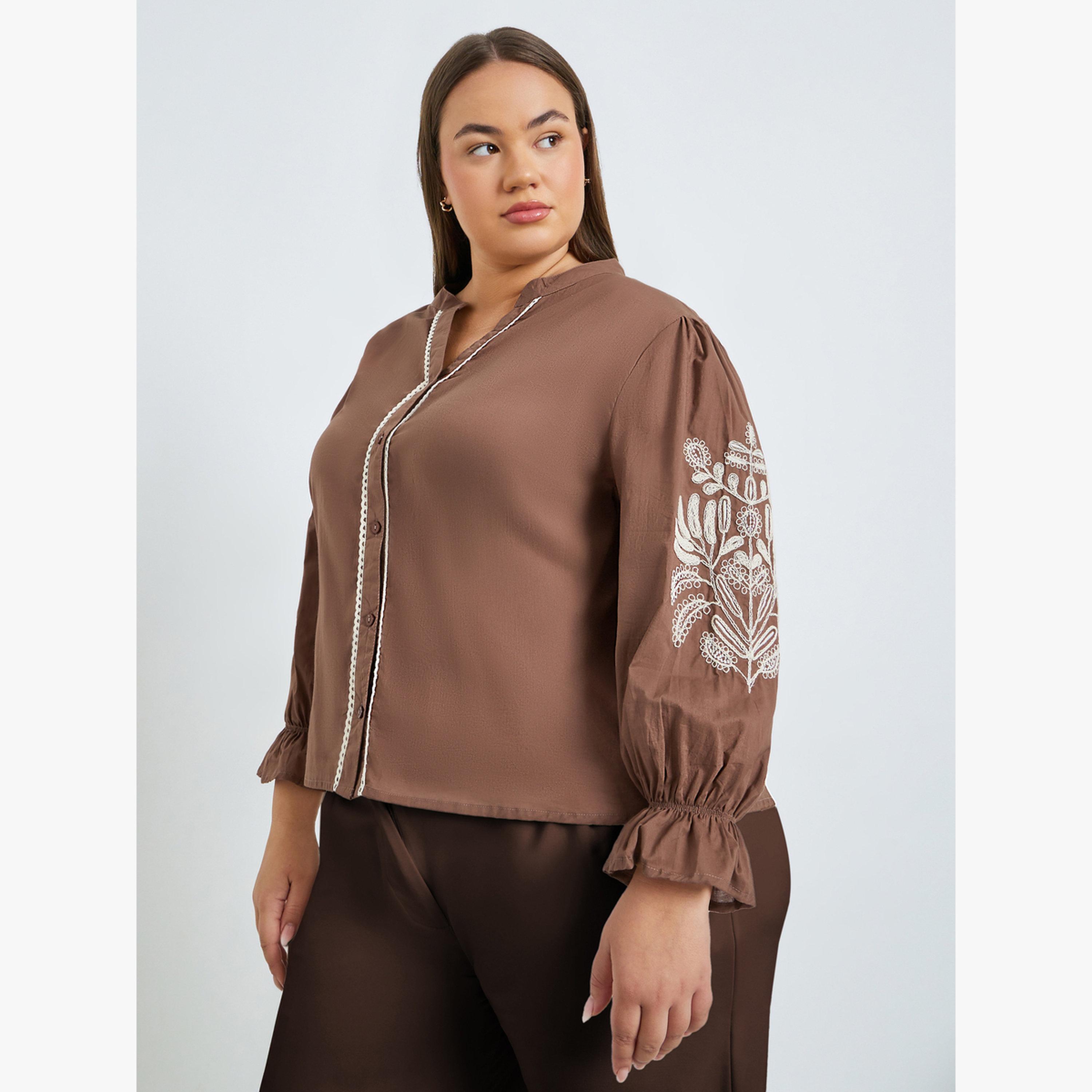 Styli Plus Size Brown Embroidered Long Sleeve Shirt-women-clothing-shirtsandblouses-blouses-image-1