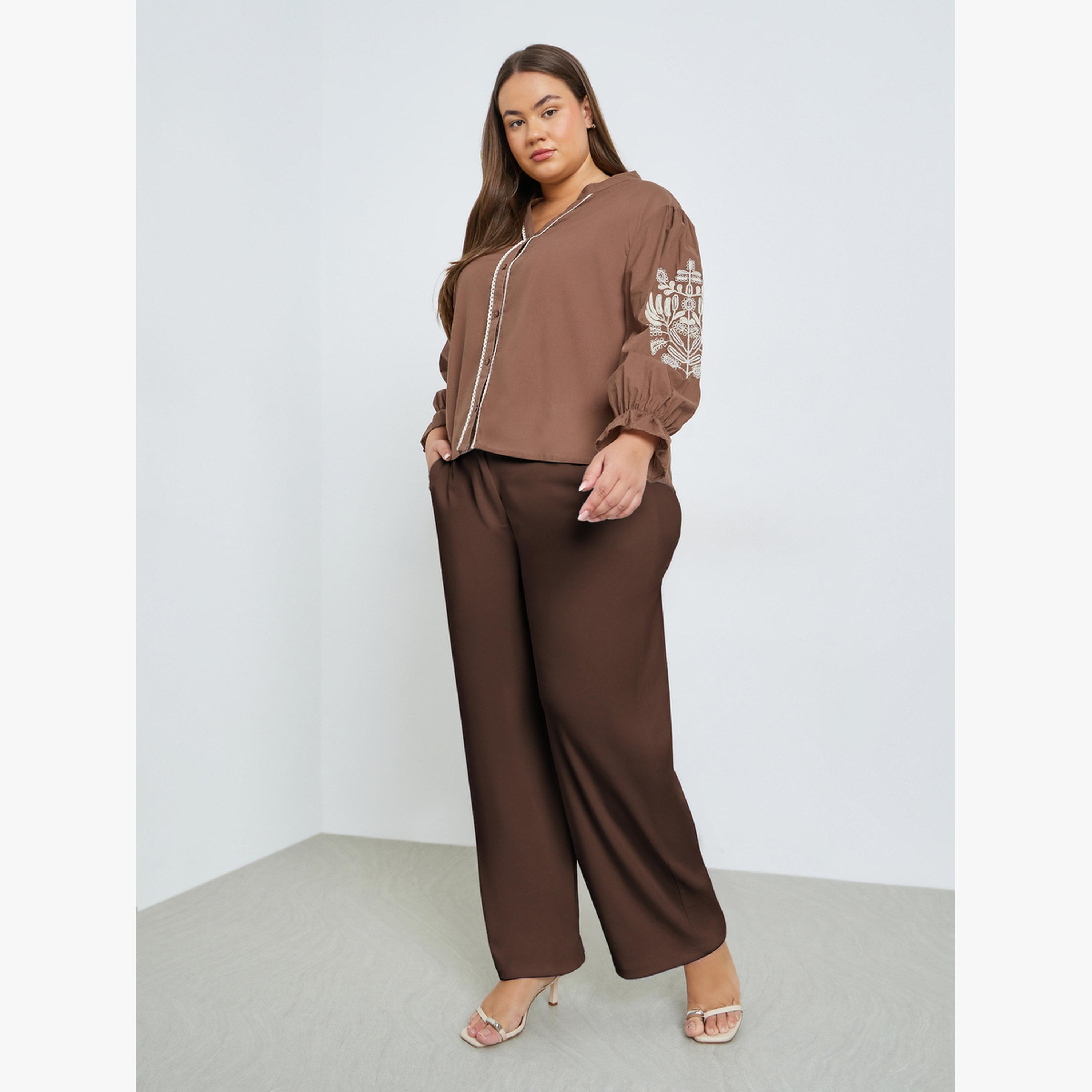 بلوزة مطرزة بأكمام طويلة مقاس كبير بني-women-clothing-shirtsandblouses-blouses-image-2
