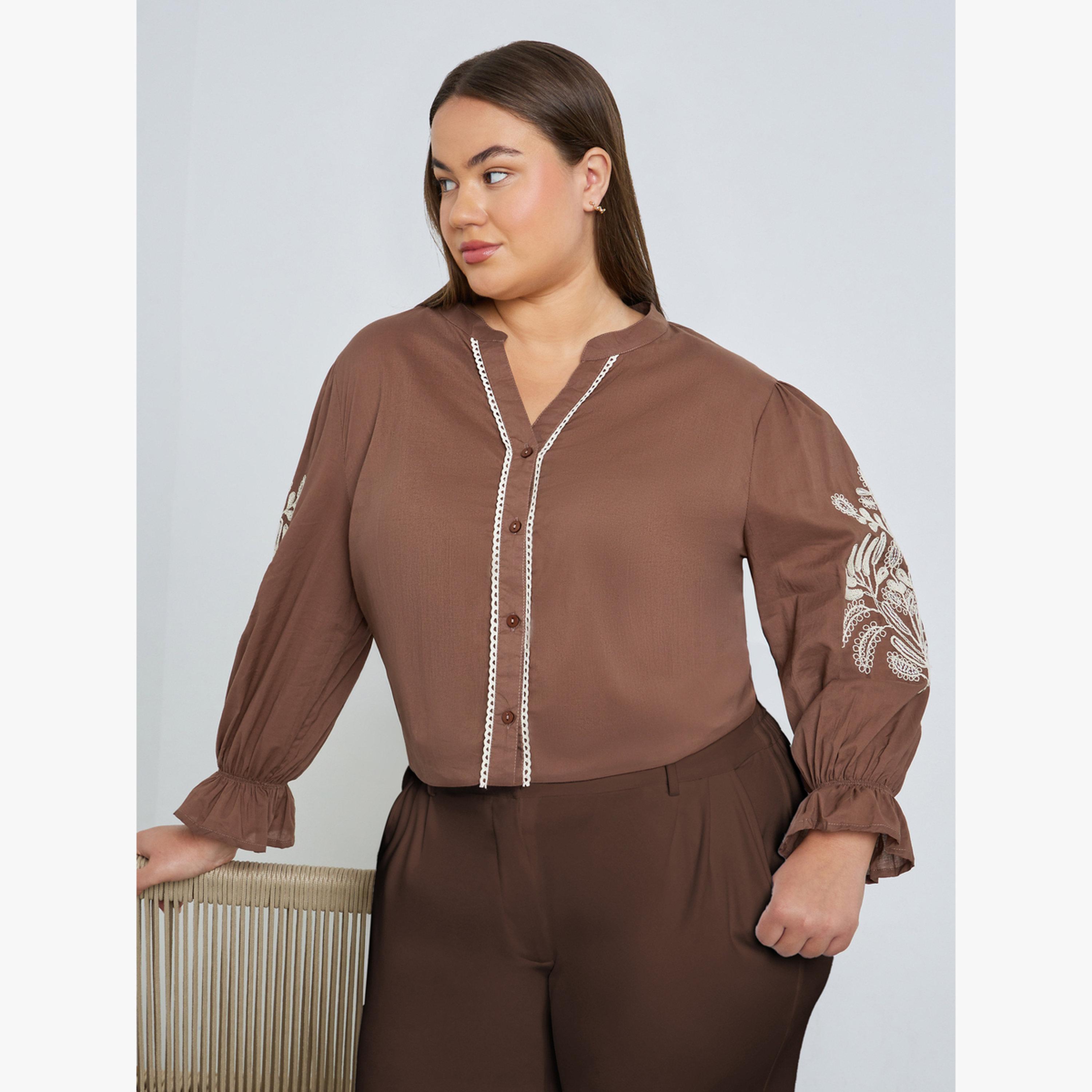 بلوزة مطرزة بأكمام طويلة مقاس كبير بني-women-clothing-shirtsandblouses-blouses-image-3