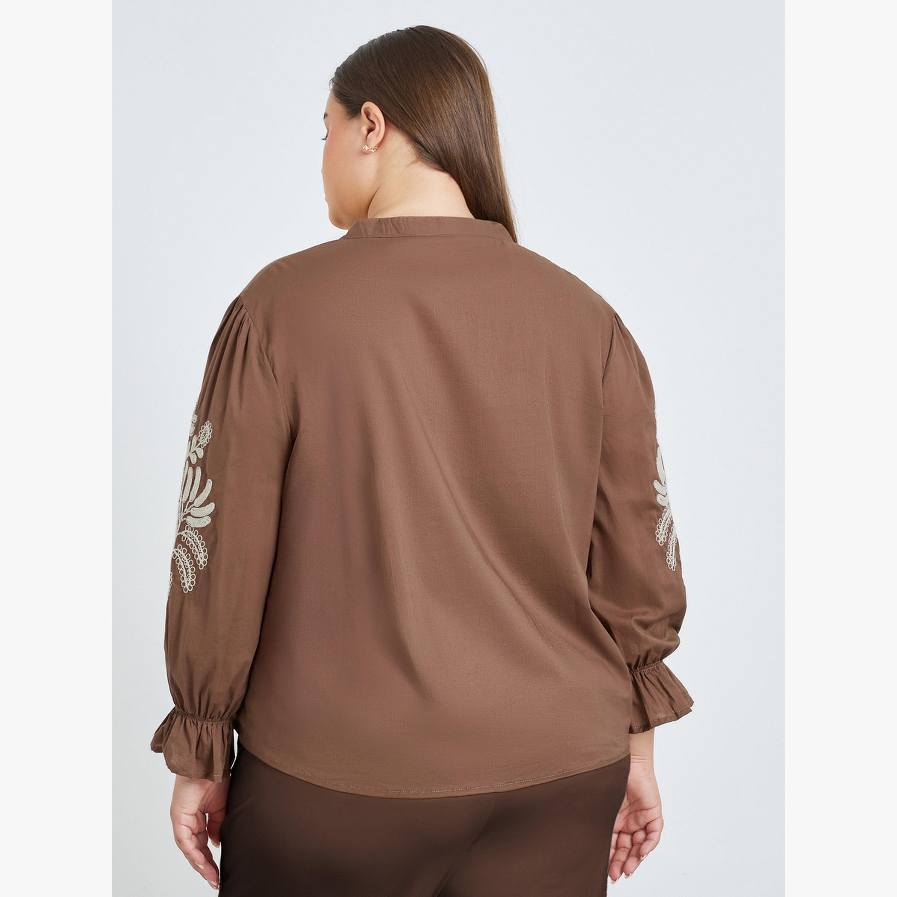 Styli Plus Size Brown Embroidered Long Sleeve Shirt-women-clothing-shirtsandblouses-blouses-image-4