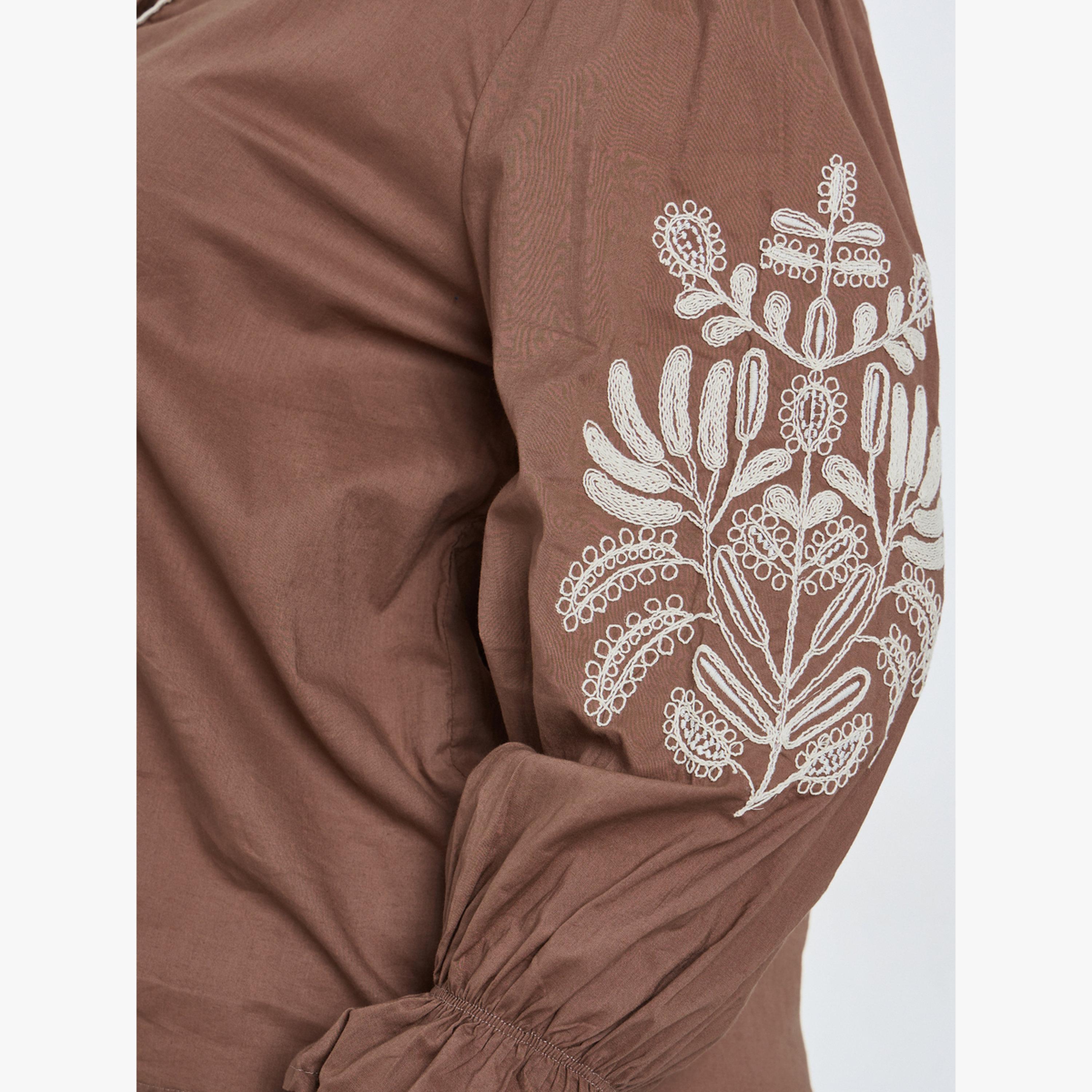 Styli Plus Size Brown Embroidered Long Sleeve Shirt-women-clothing-shirtsandblouses-blouses-image-5