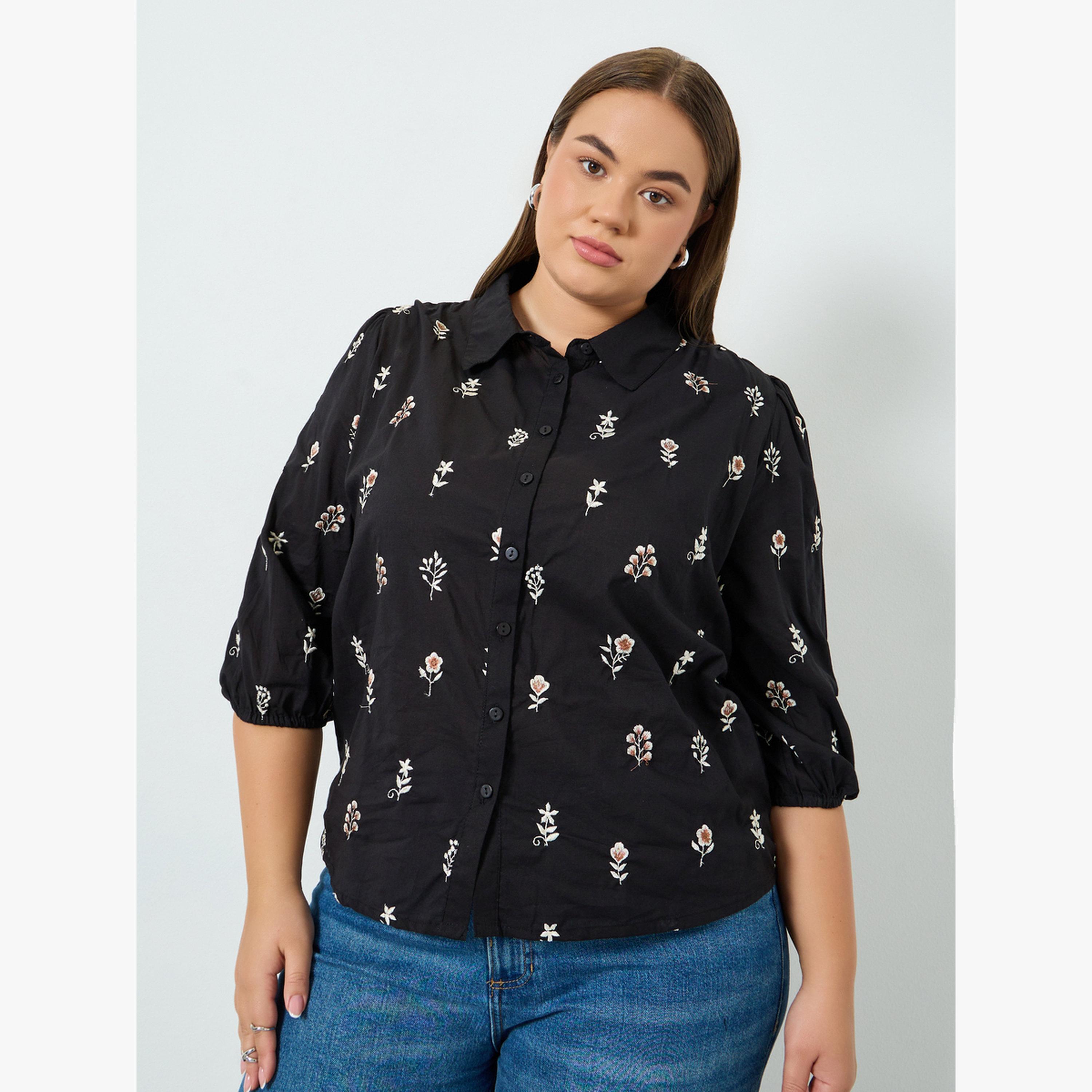 Styli Plus Size Floral Embroidered Cotton Shirt-women-clothing-shirtsandblouses-shirts-image-1