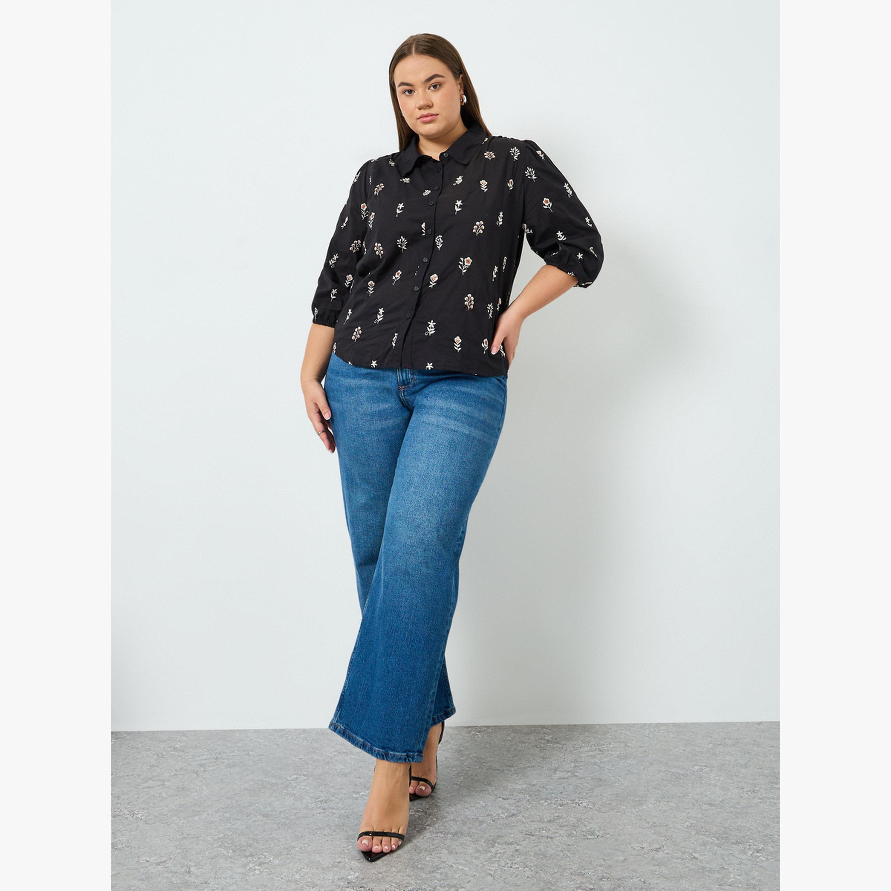 بلوزة قطن مقاس كبير بتطريز أزهار-women-clothing-shirtsandblouses-shirts-image-2