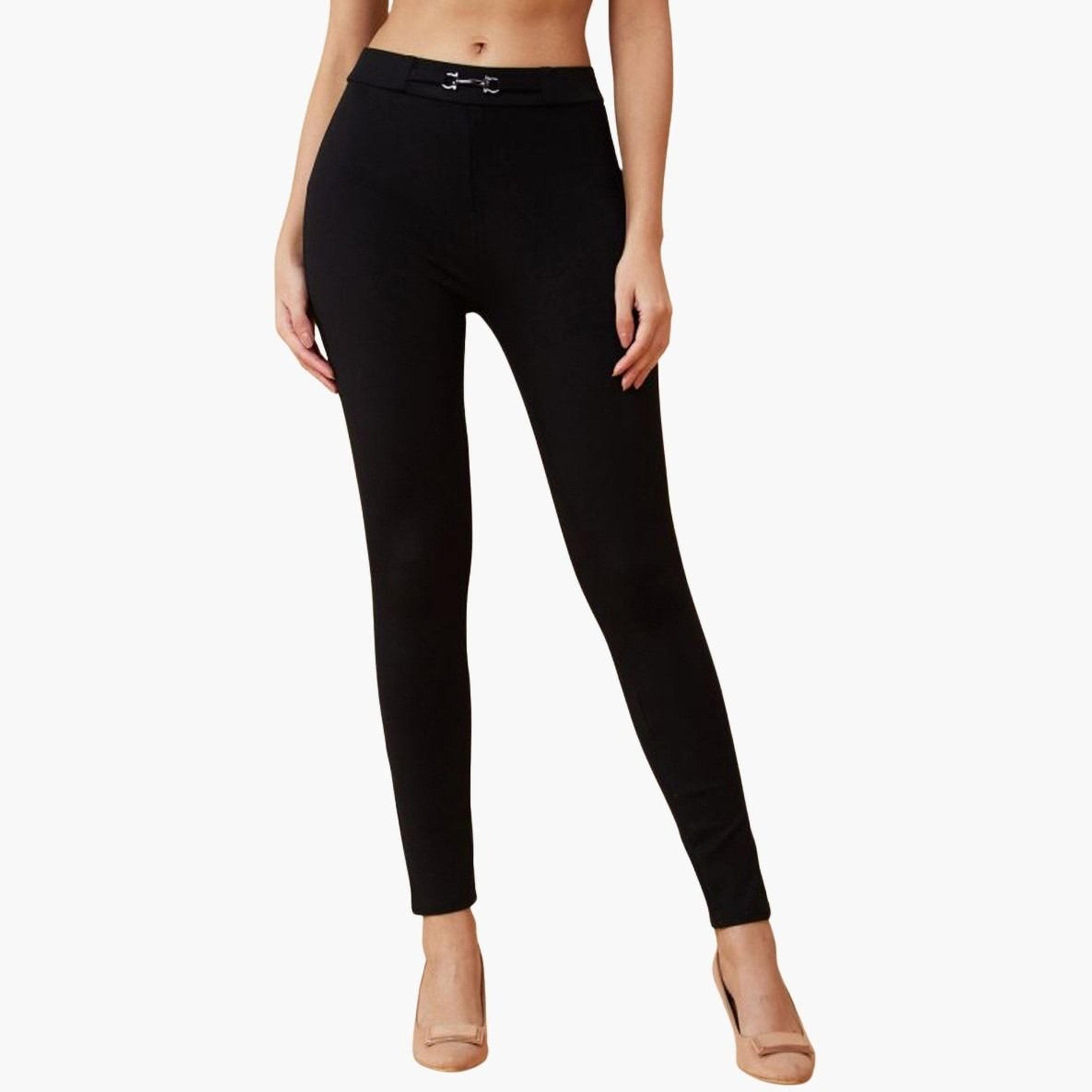غلوبوس × ستايلي - بنطال عمل مسطح من الأمام قماش قابل للتمدد باللون الأسود للنساء-women-clothing-bottoms-trousers-image-1