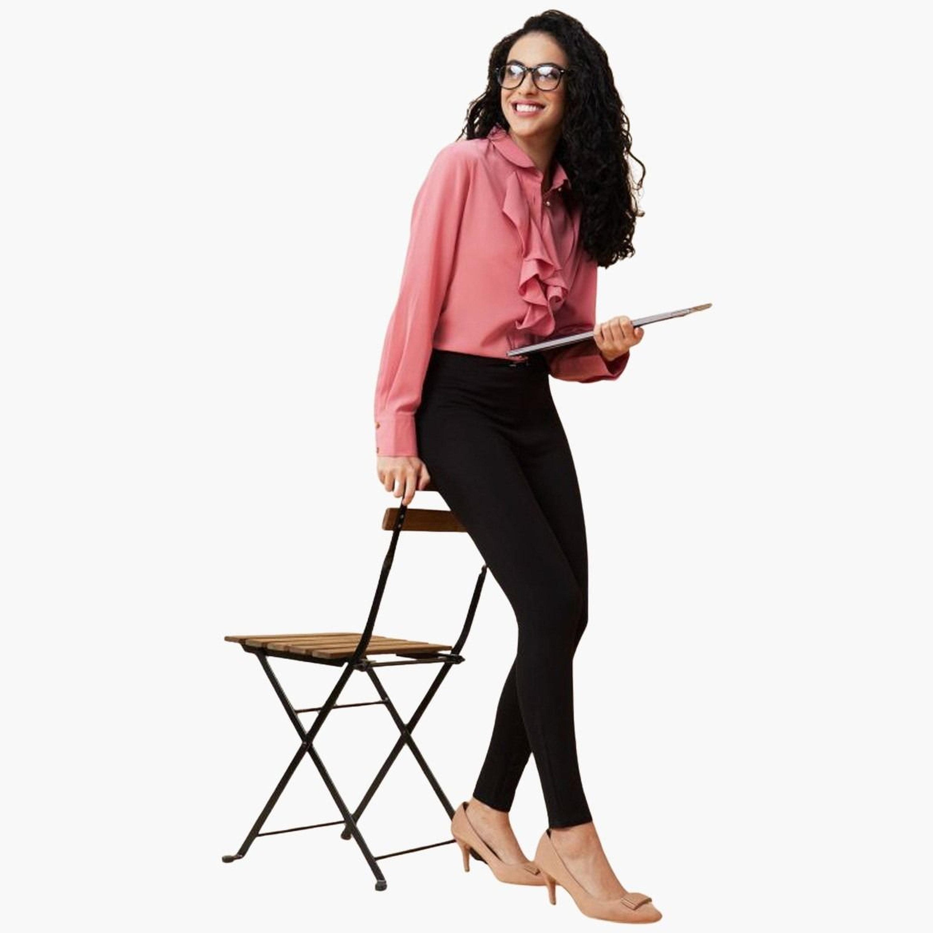 غلوبوس × ستايلي - بنطال عمل مسطح من الأمام قماش قابل للتمدد باللون الأسود للنساء-women-clothing-bottoms-trousers-image-2