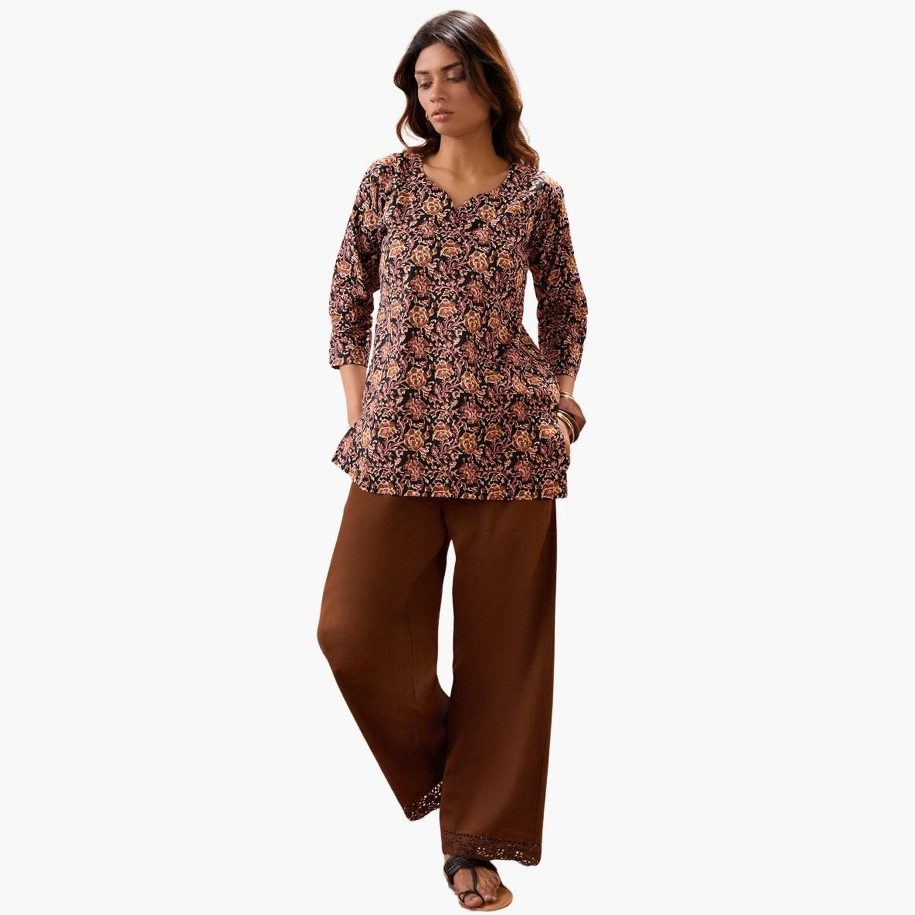 غلوبوس × ستايلي - بنطال بني سادة بخصر عالٍ وحاشية من الدانتيل وواسعة الساق للنساء-women-clothing-bottoms-trousers-image-2