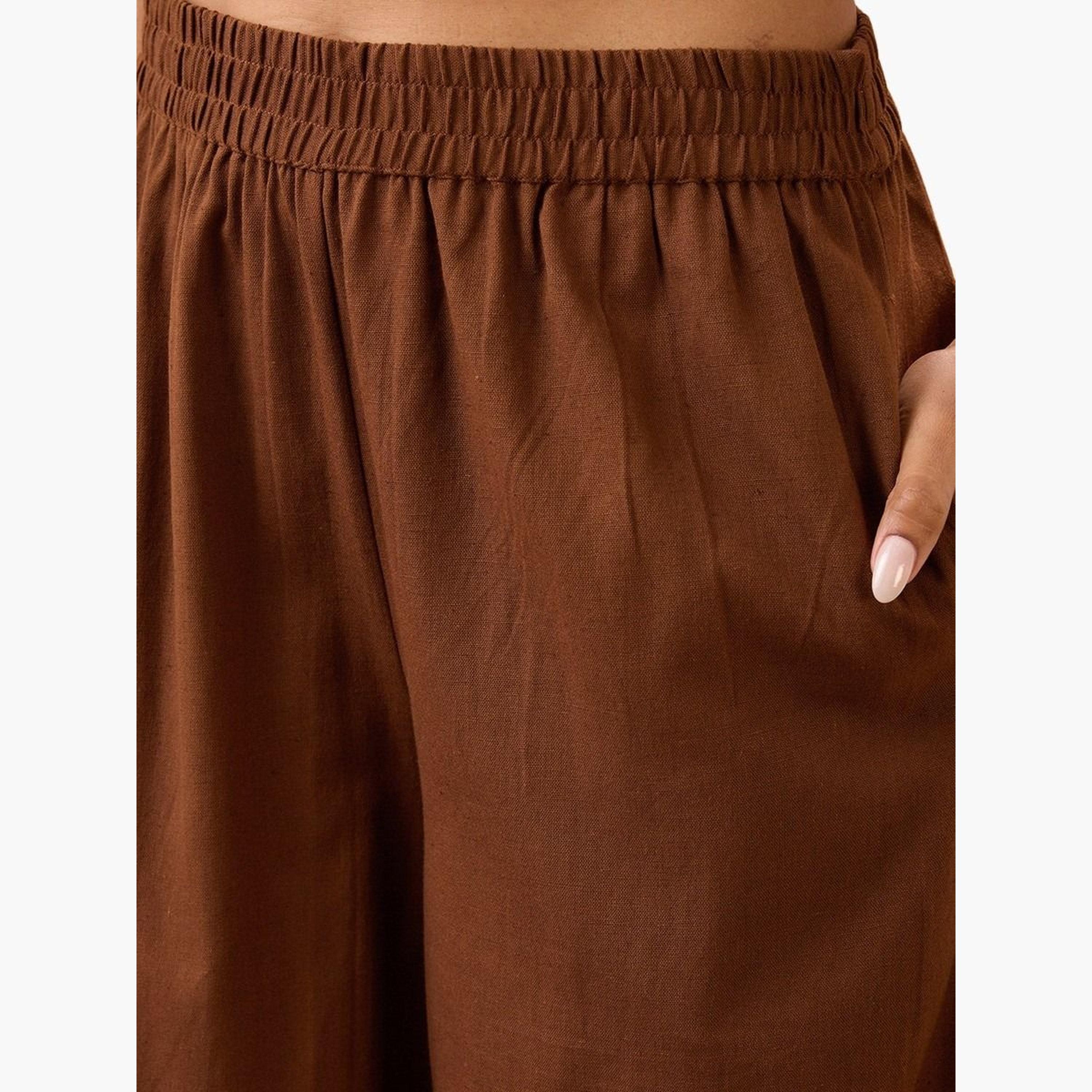 غلوبوس × ستايلي - بنطال بني سادة بخصر عالٍ وحاشية من الدانتيل وواسعة الساق للنساء-women-clothing-bottoms-trousers-image-6
