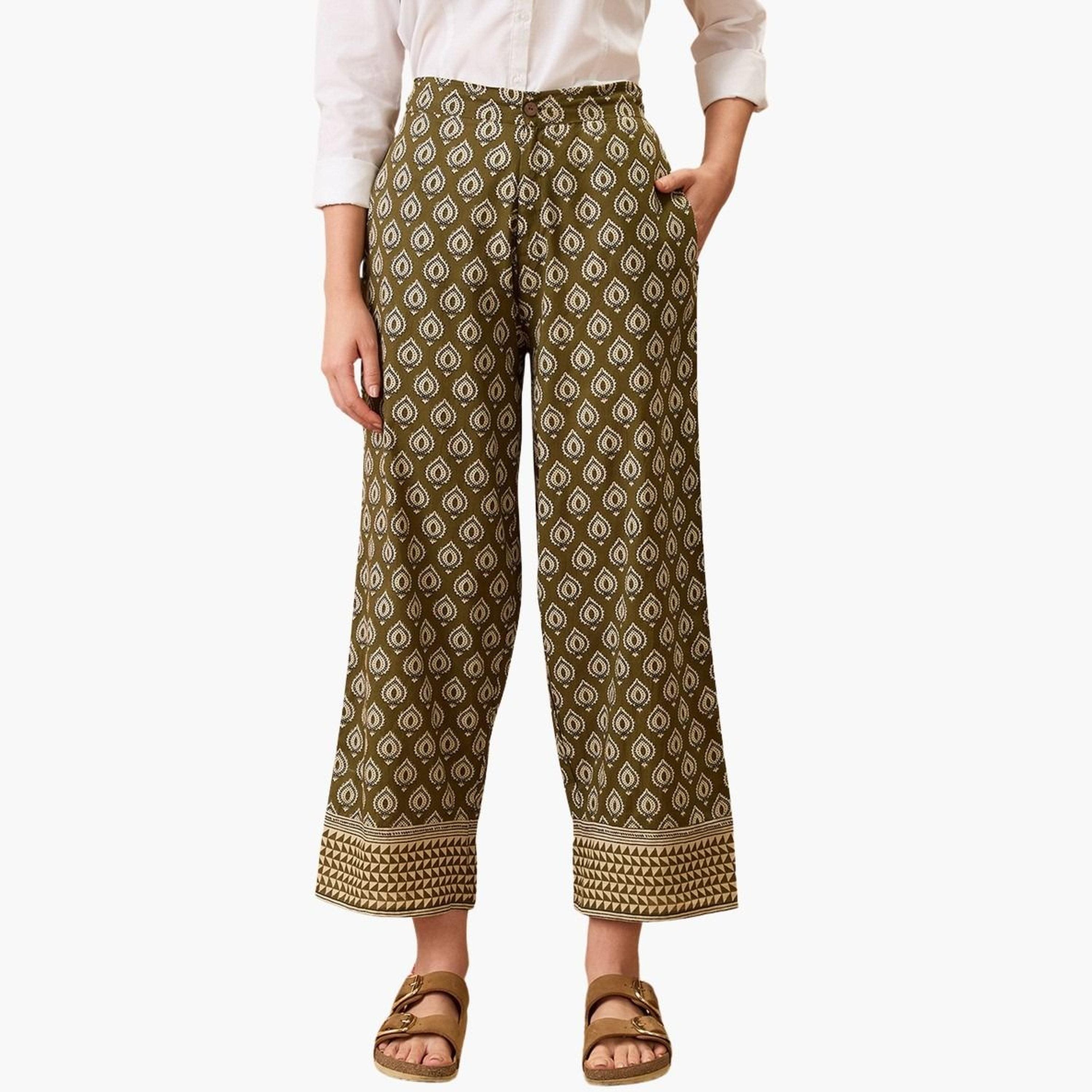 غلوبوس × ستايلي - بنطال مستقيم الخصر نقشة عرقية زيتوني للنساء-women-clothing-bottoms-trousers-image-1
