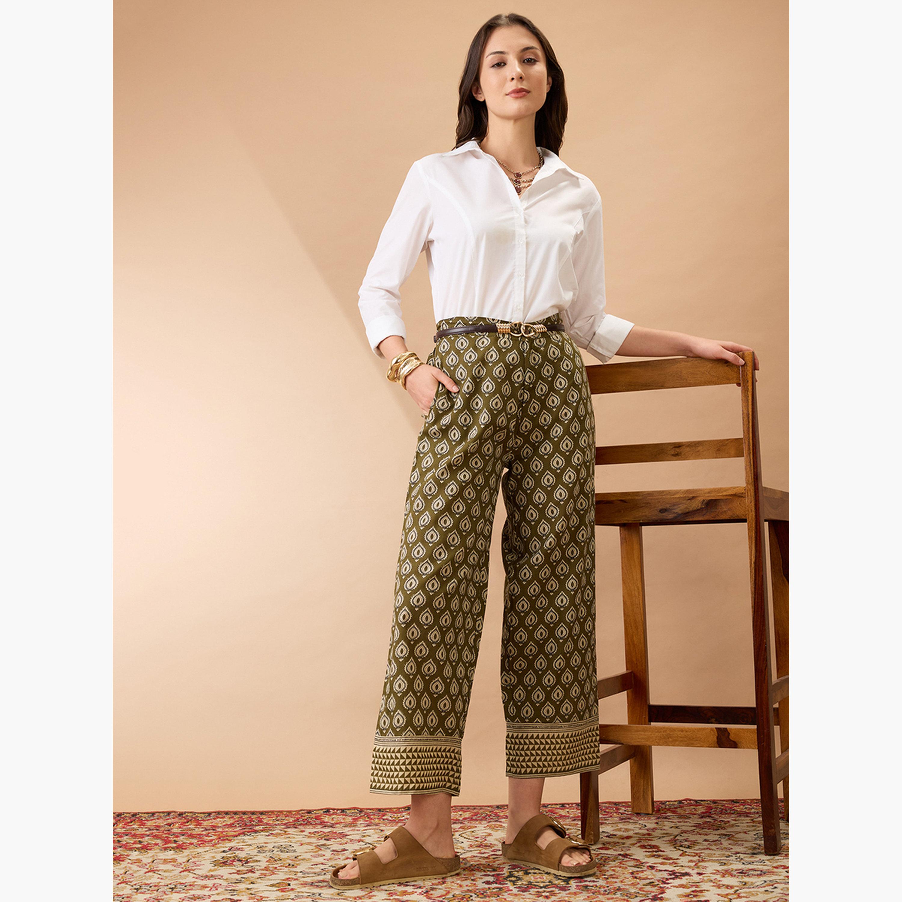 غلوبوس × ستايلي - بنطال مستقيم الخصر نقشة عرقية زيتوني للنساء-women-clothing-bottoms-trousers-image-2