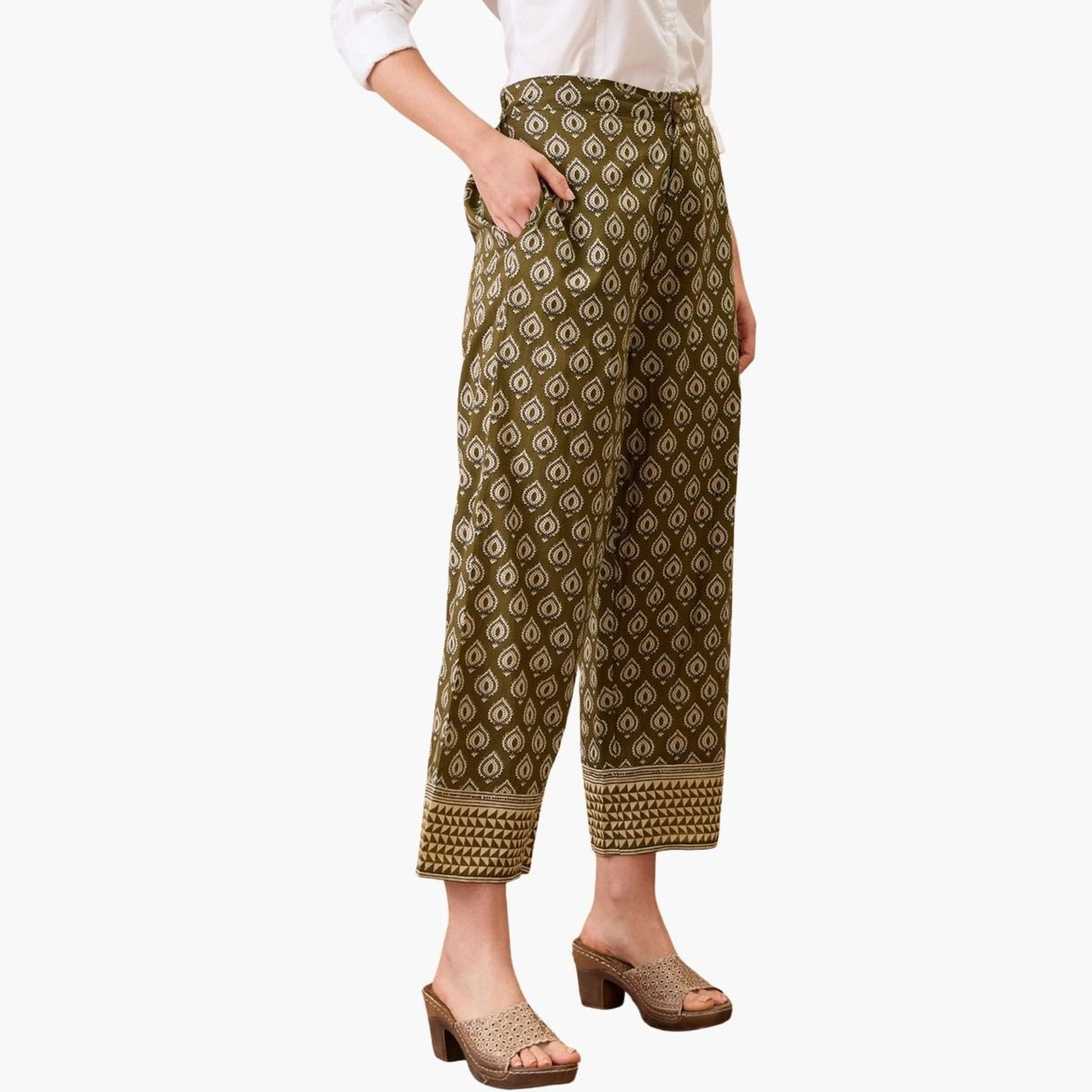 غلوبوس × ستايلي - بنطال مستقيم الخصر نقشة عرقية زيتوني للنساء-women-clothing-bottoms-trousers-image-3