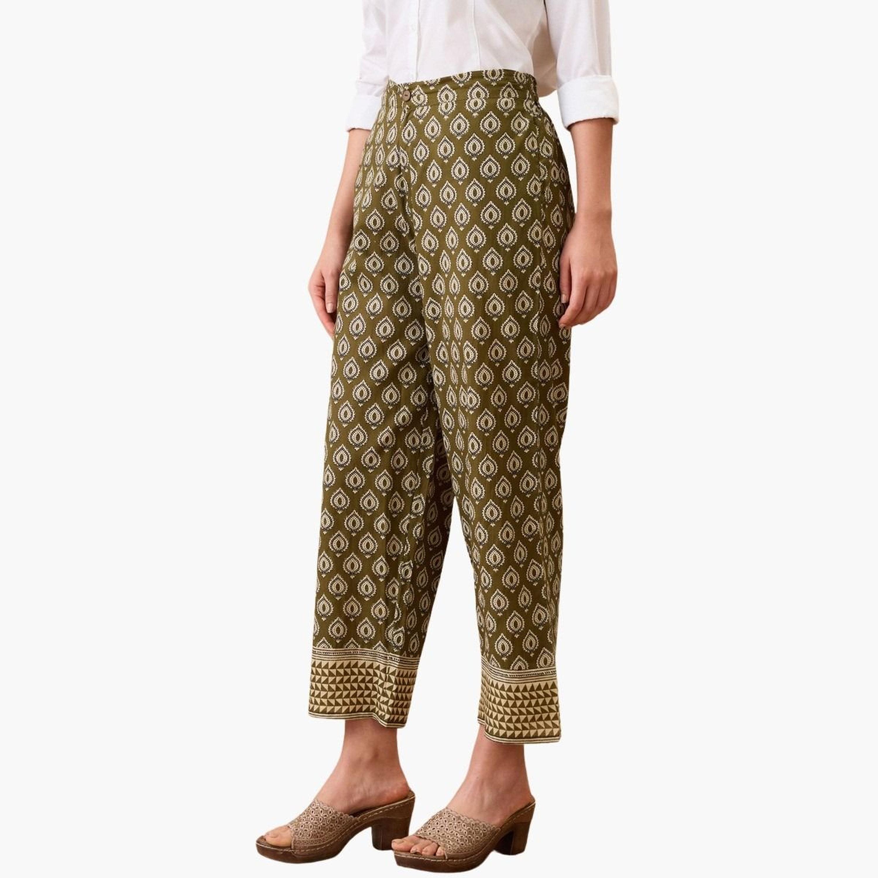 غلوبوس × ستايلي - بنطال مستقيم الخصر نقشة عرقية زيتوني للنساء-women-clothing-bottoms-trousers-image-4