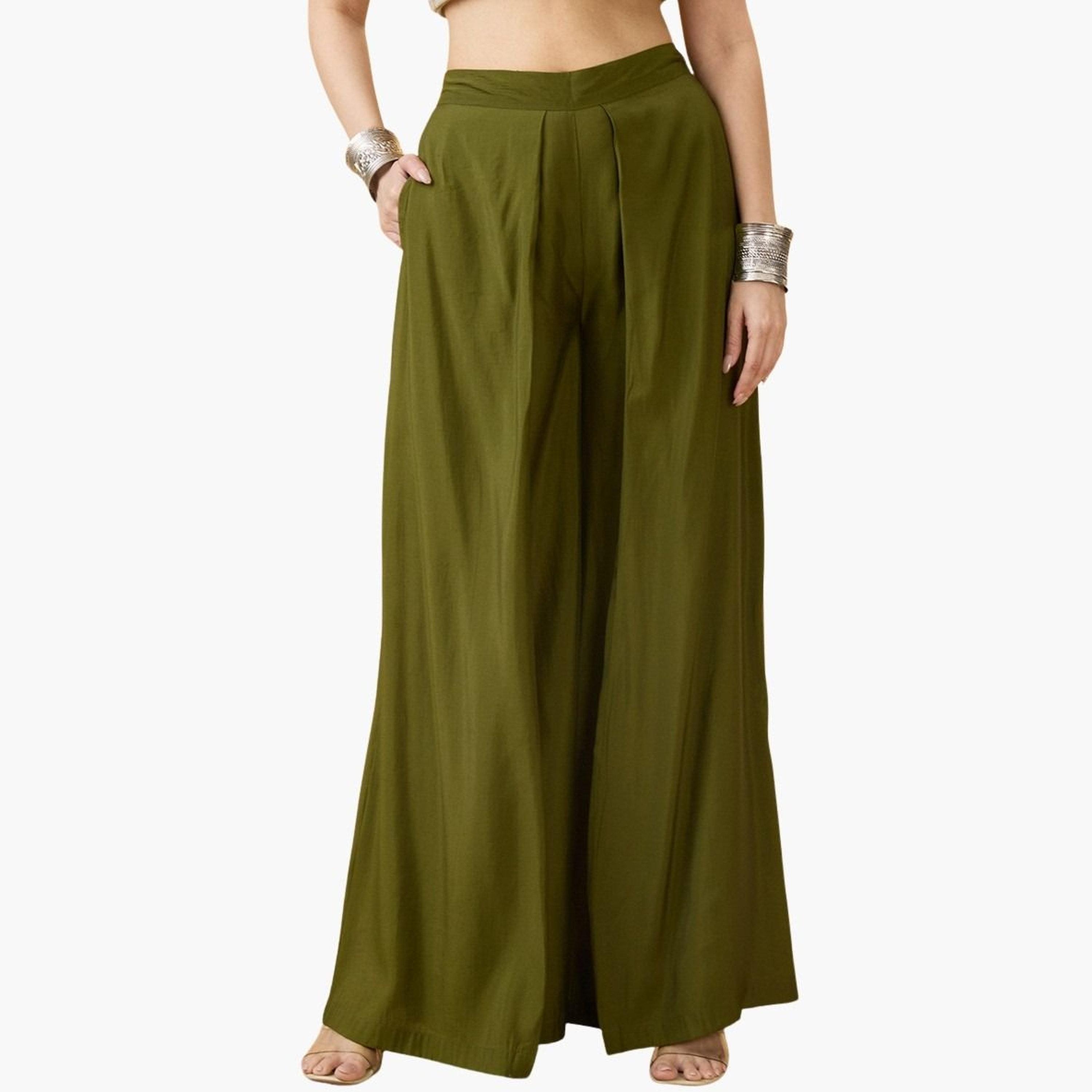 Globus X Styli Women Olive High Rise Pleated Wide Leg Trousers-women-clothing-bottoms-trousers-image-1