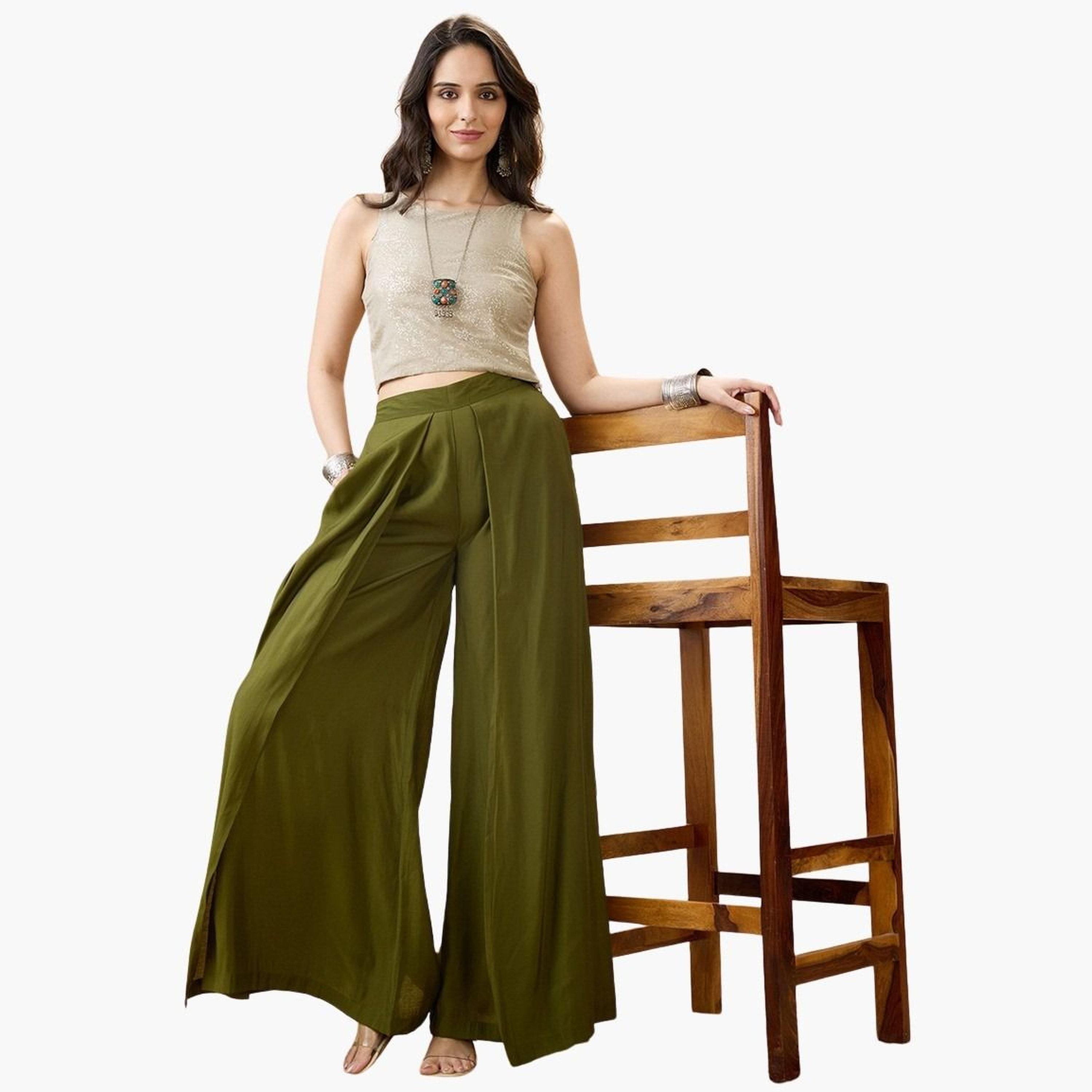 Globus X Styli Women Olive High Rise Pleated Wide Leg Trousers-women-clothing-bottoms-trousers-image-2