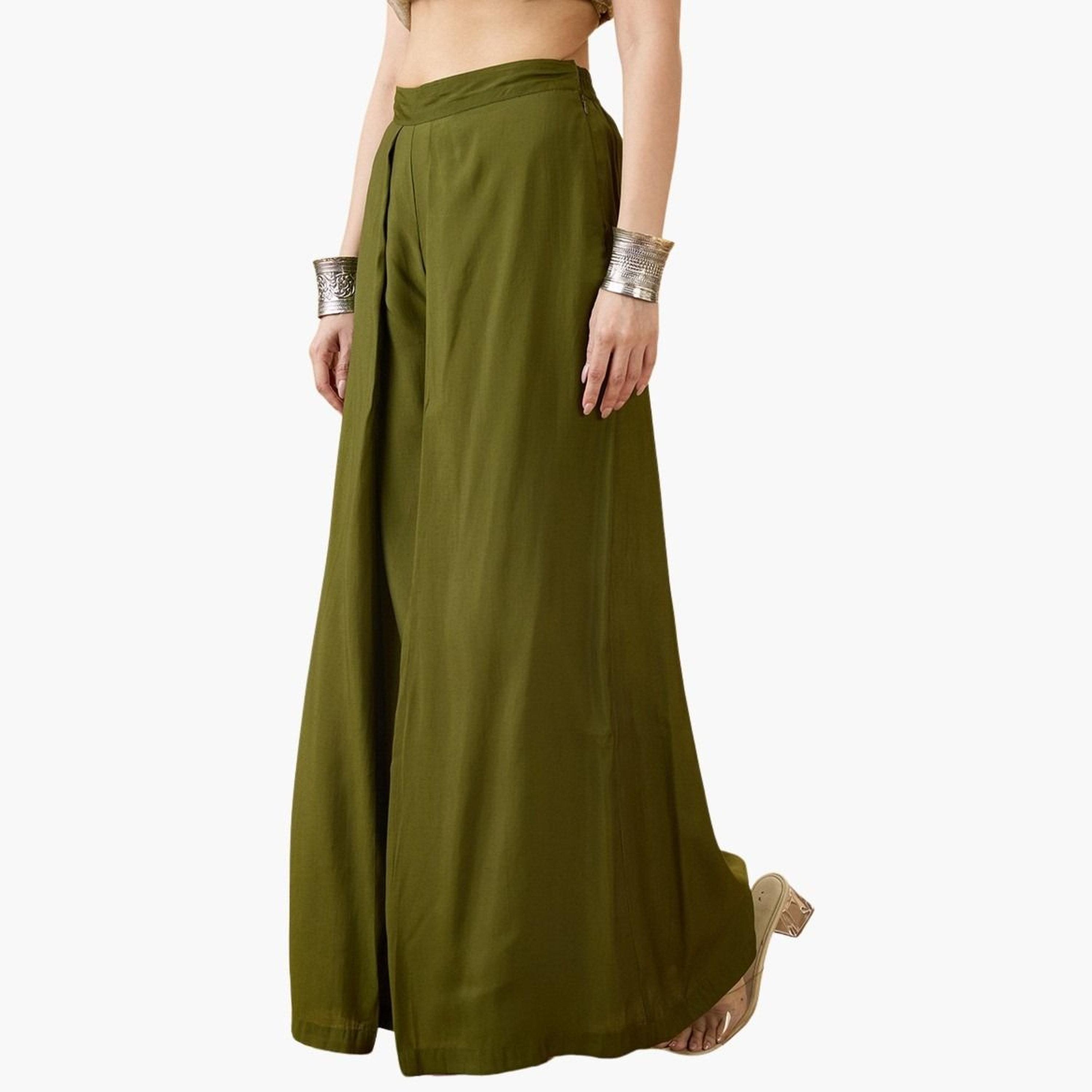 Globus X Styli Women Olive High Rise Pleated Wide Leg Trousers-women-clothing-bottoms-trousers-image-3