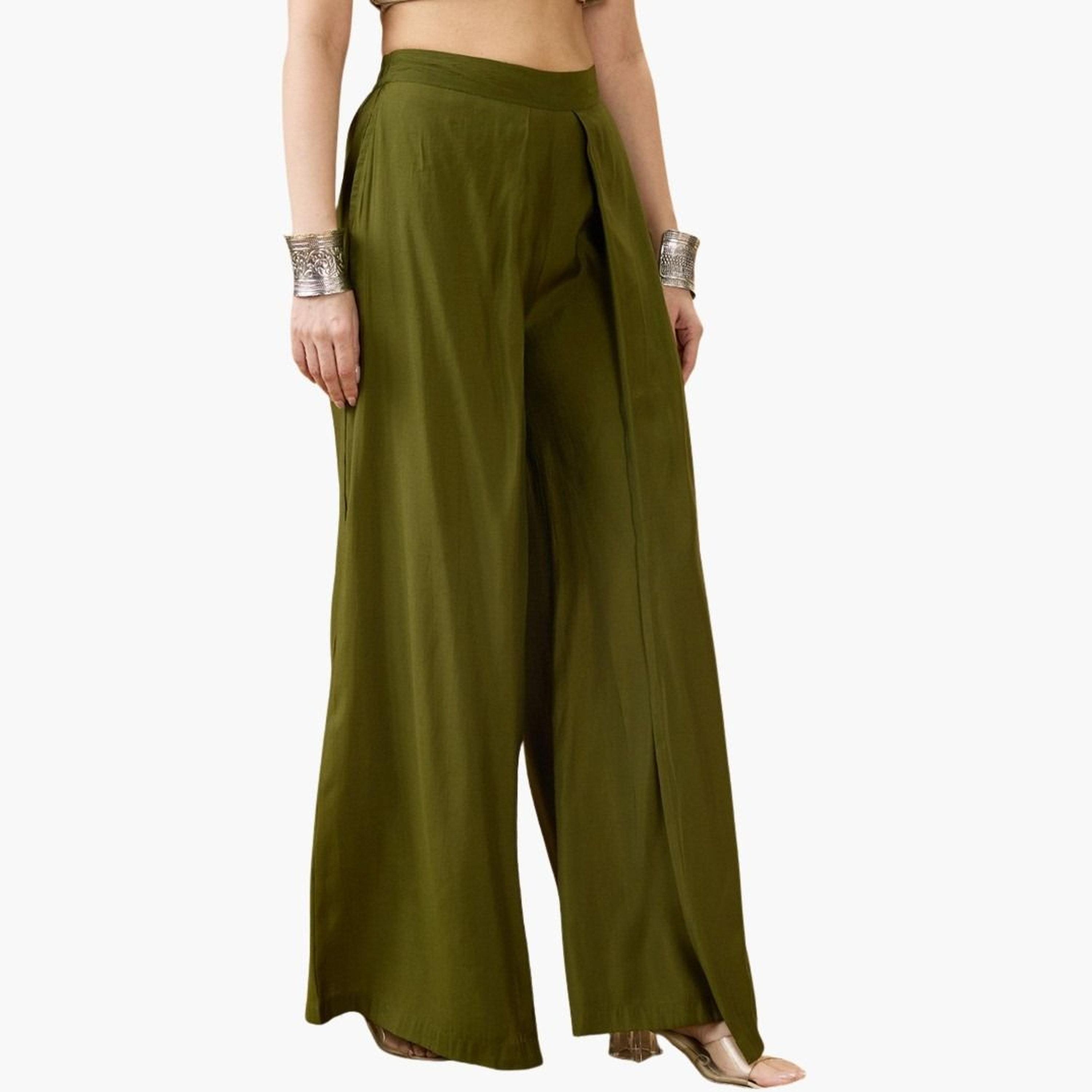 Globus X Styli Women Olive High Rise Pleated Wide Leg Trousers-women-clothing-bottoms-trousers-image-4