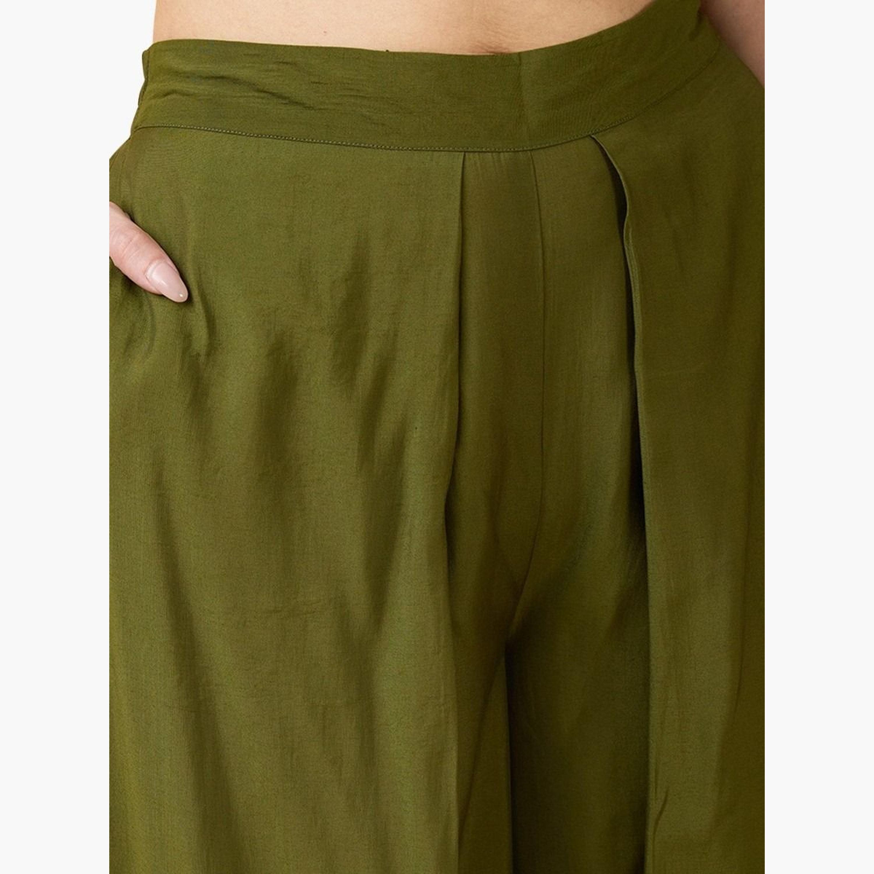Globus X Styli Women Olive High Rise Pleated Wide Leg Trousers-women-clothing-bottoms-trousers-image-6