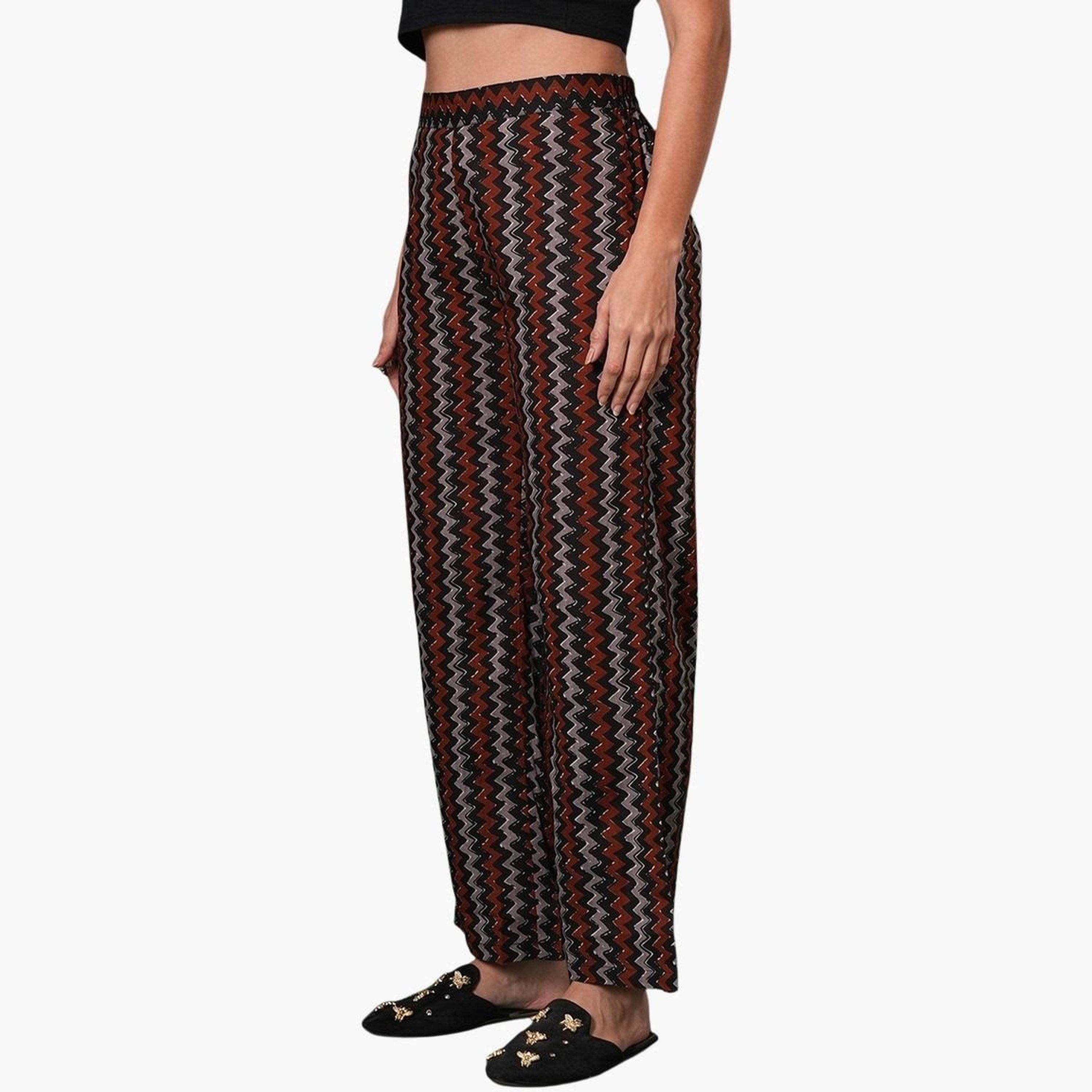 Globus X Styli Women Black Cotton Chevron Print Straight Fit Trousers-women-clothing-bottoms-trousers-image-4
