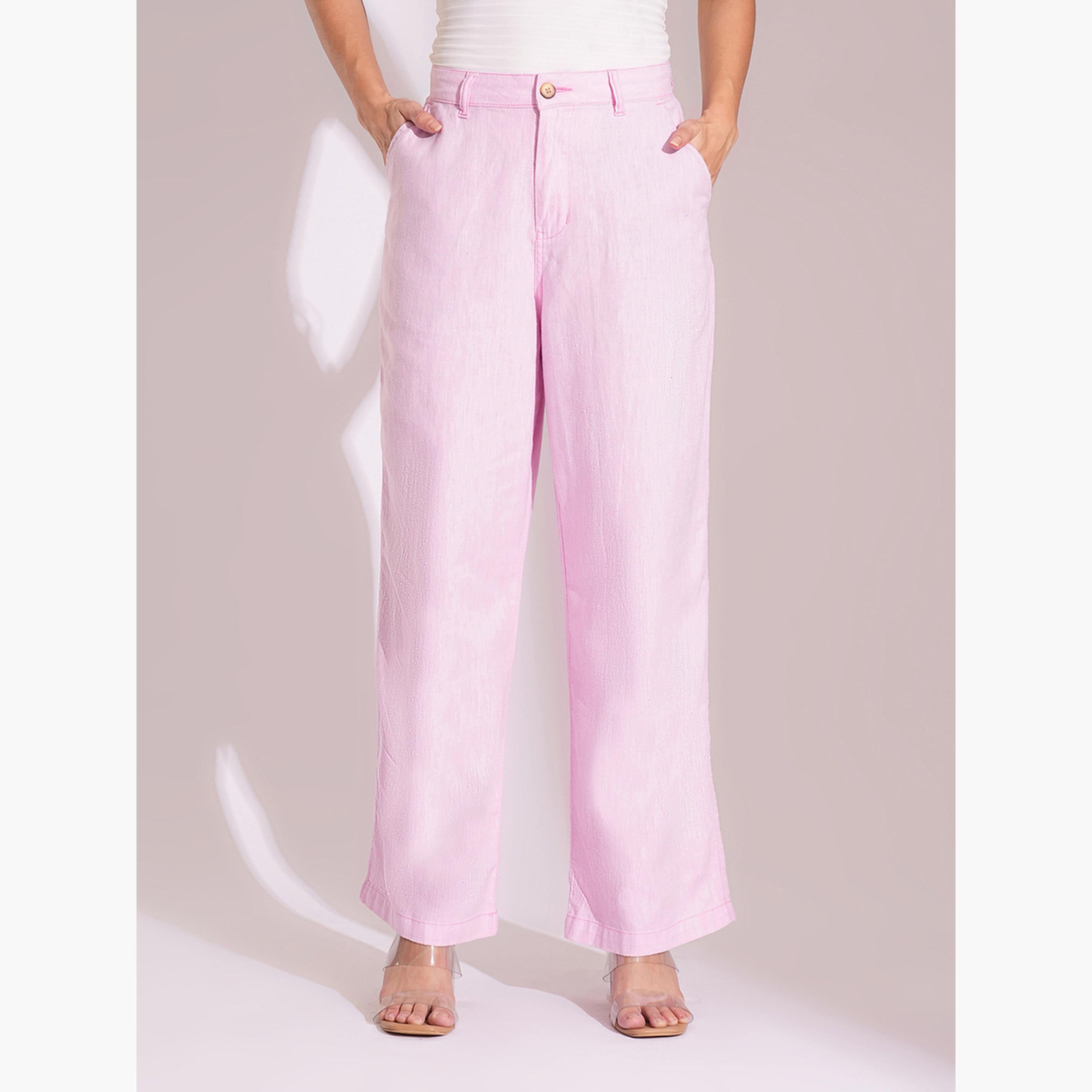 غلوبوس × ستايلي - بنطال وردي فاتح من القطن عالي الخصر وواسع الساق للنساء-women-clothing-bottoms-trousers-image-1