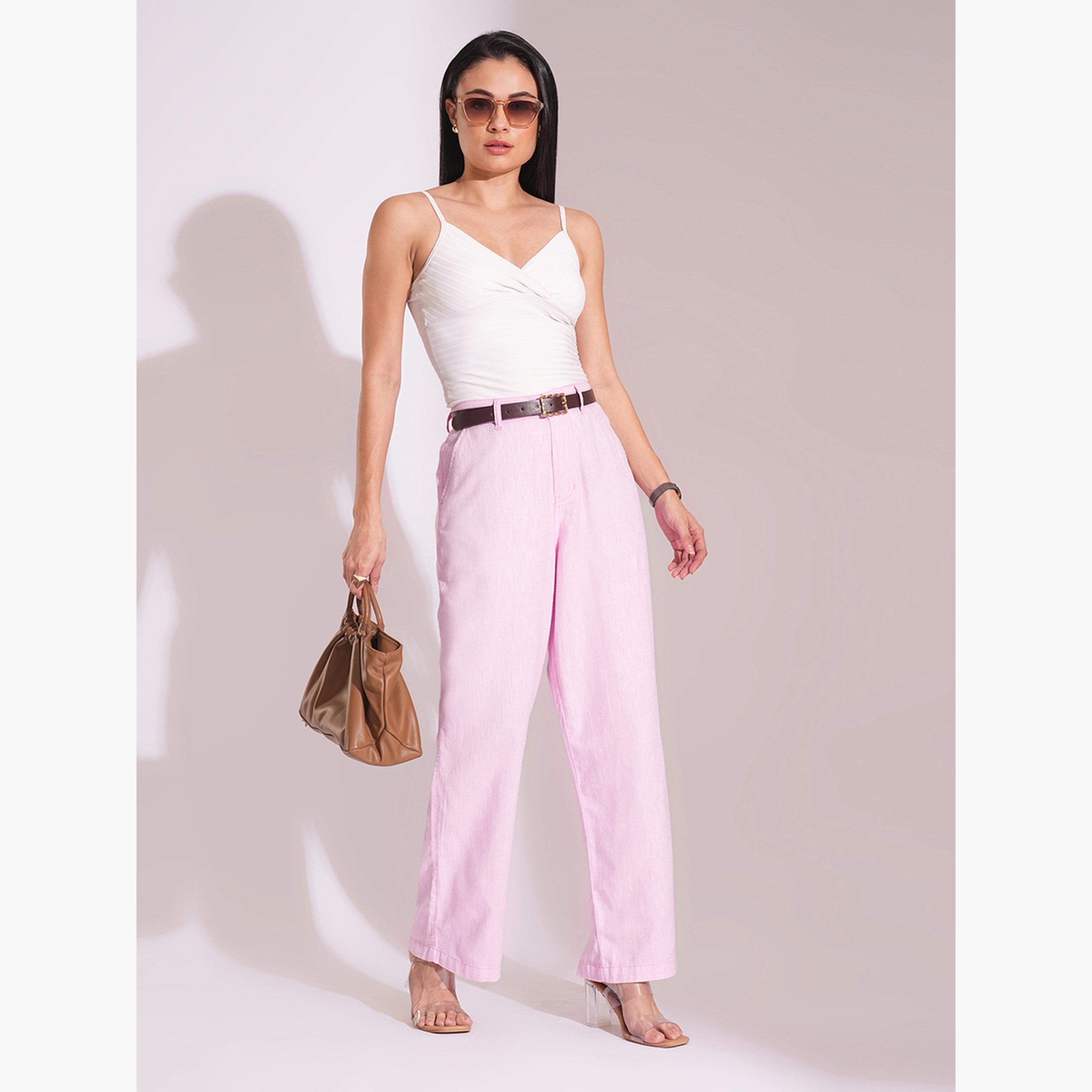 غلوبوس × ستايلي - بنطال وردي فاتح من القطن عالي الخصر وواسع الساق للنساء-women-clothing-bottoms-trousers-image-2