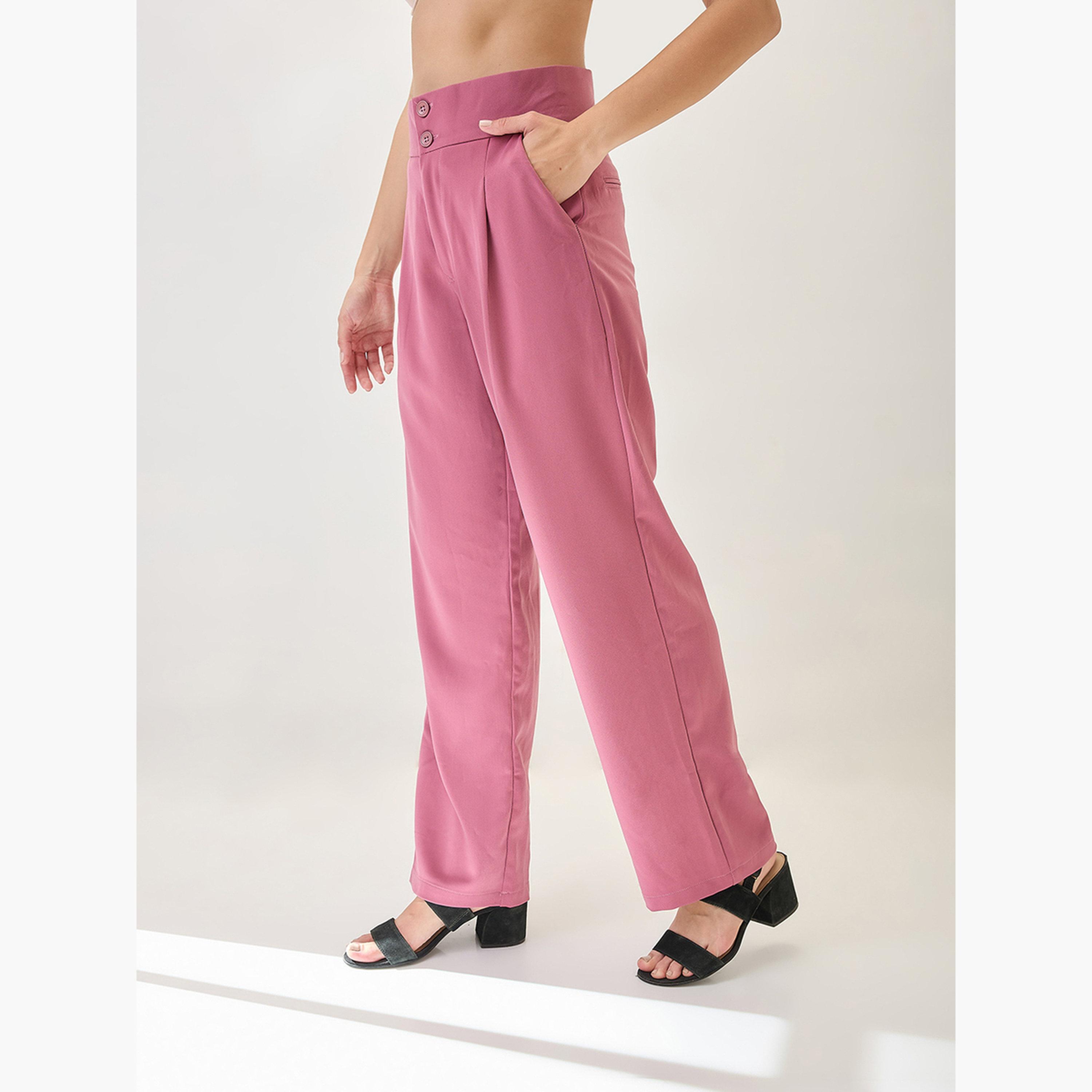 غلوبوس × ستايلي - بنطال كوري وردي خصر متوسط الارتفاع مطوي للنساء-women-clothing-bottoms-trousers-image-4