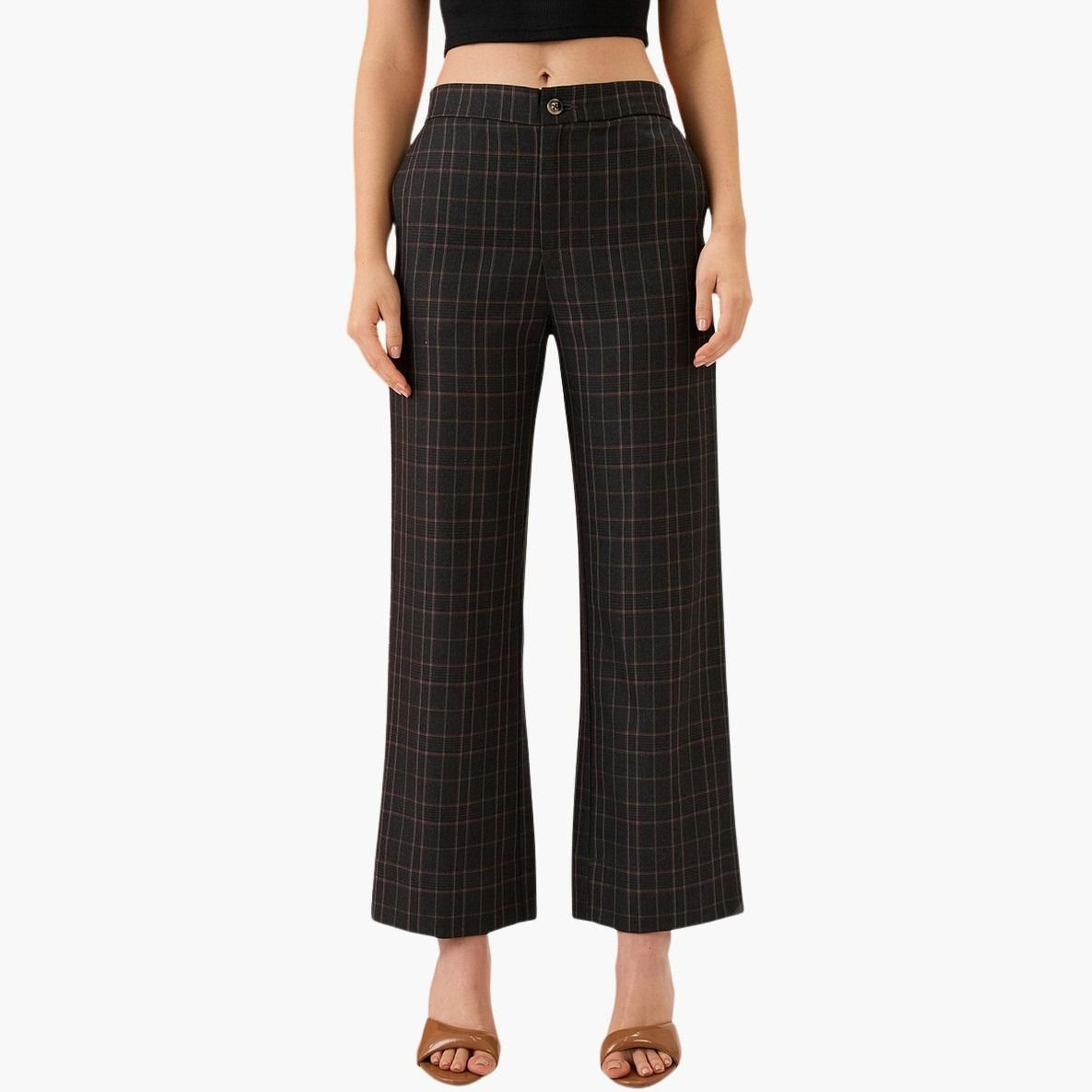 Globus X Styli Women Black Plaid Checks Straight Fit Trousers-women-clothing-bottoms-trousers-image-1