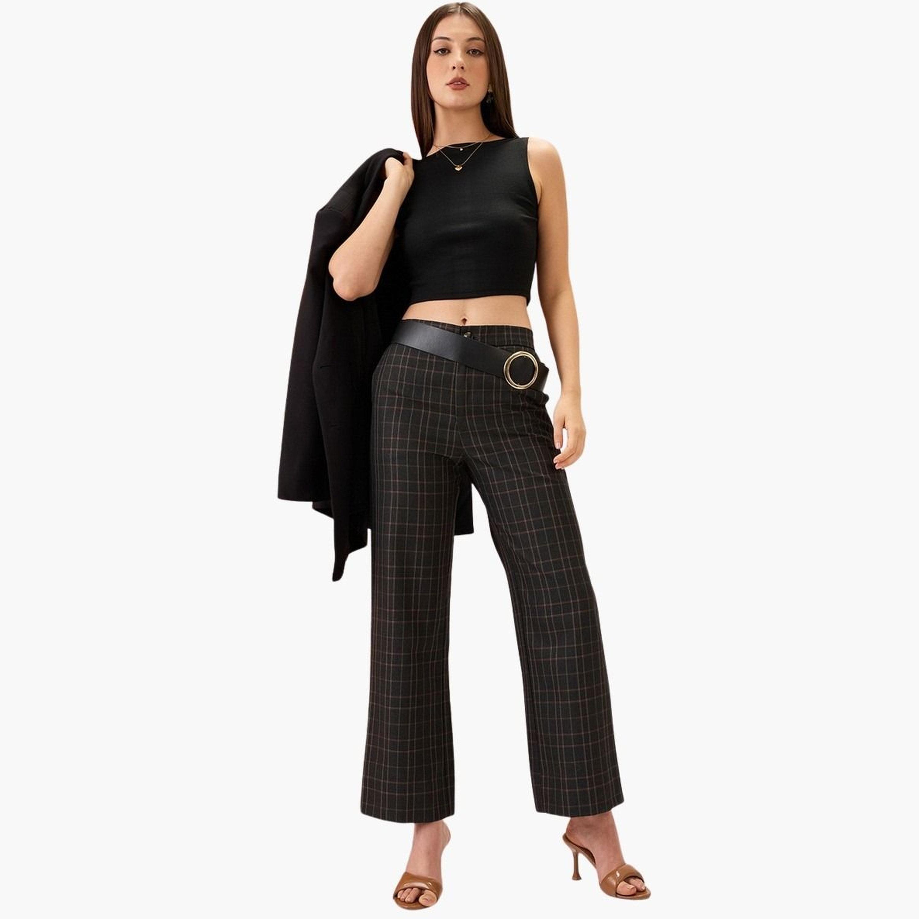 Globus X Styli Women Black Plaid Checks Straight Fit Trousers-women-clothing-bottoms-trousers-image-2