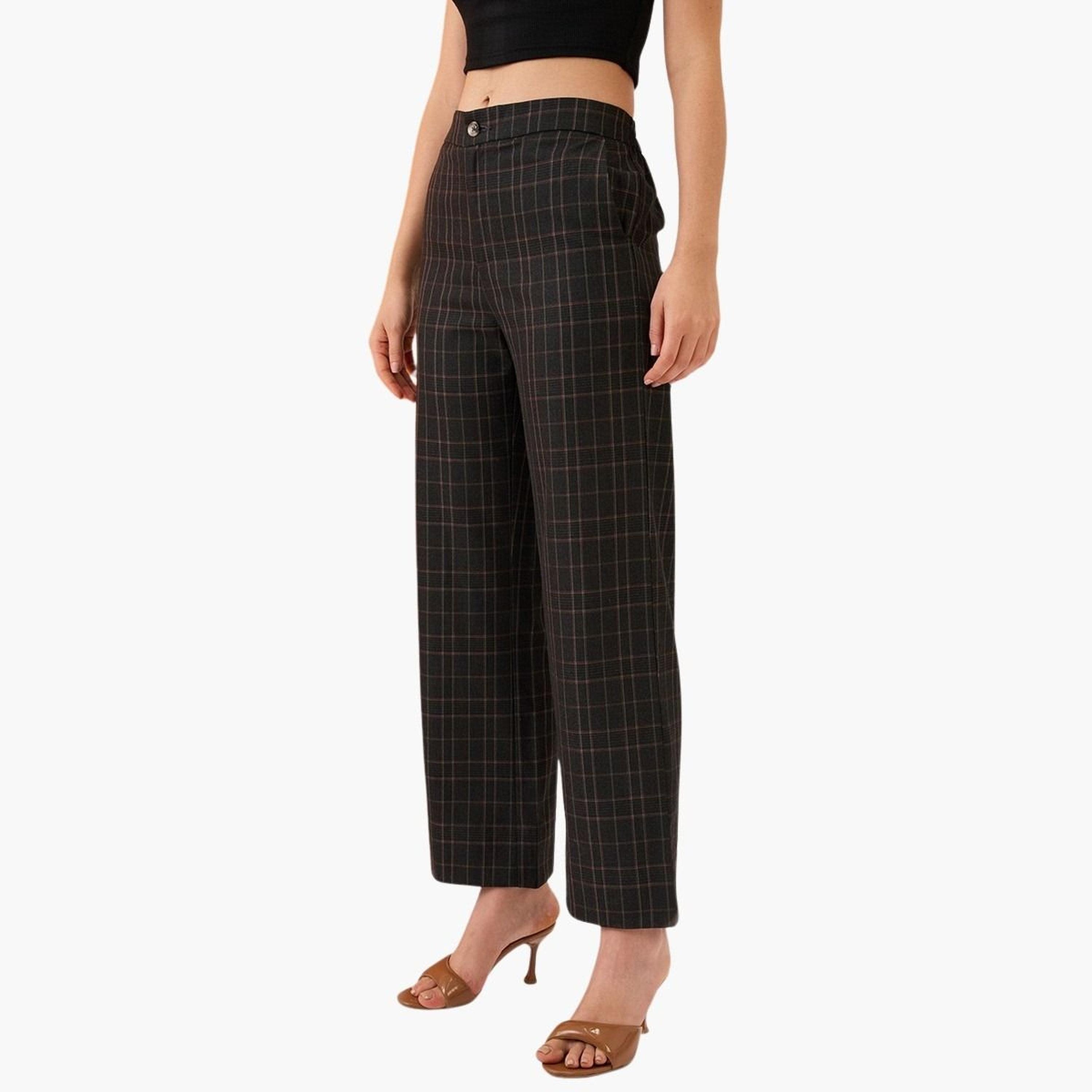 Globus X Styli Women Black Plaid Checks Straight Fit Trousers-women-clothing-bottoms-trousers-image-3