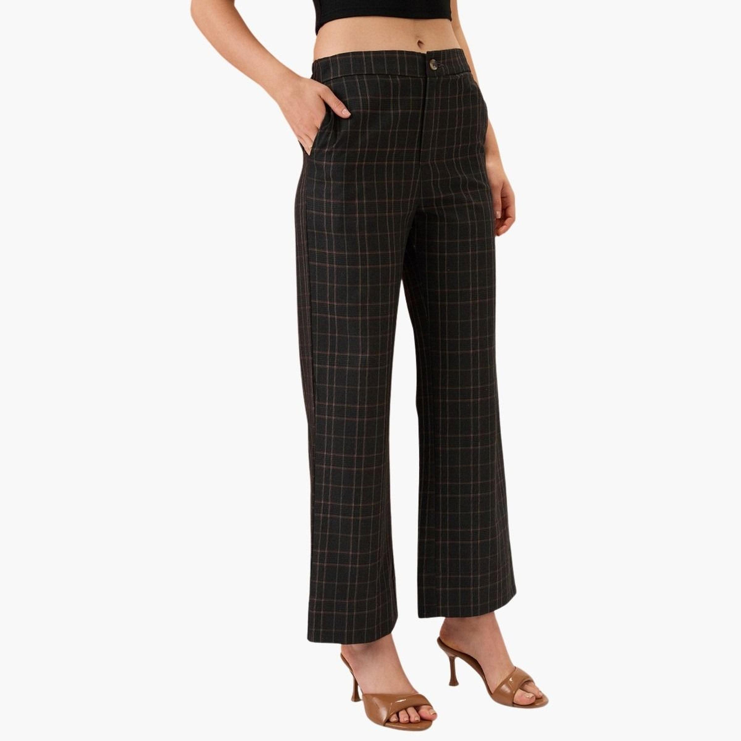 Globus X Styli Women Black Plaid Checks Straight Fit Trousers-women-clothing-bottoms-trousers-image-4